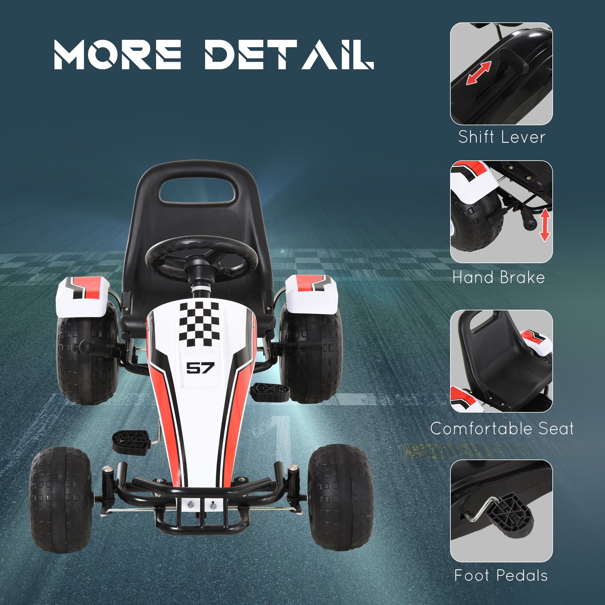 Kids Children Pedal Go Kart Manual Ride On Car w/ Brake Gears Steering Wheel Adjustable Seat 4 Smooth Wheels Racing-Style White 104 x 66 x 57 cm
