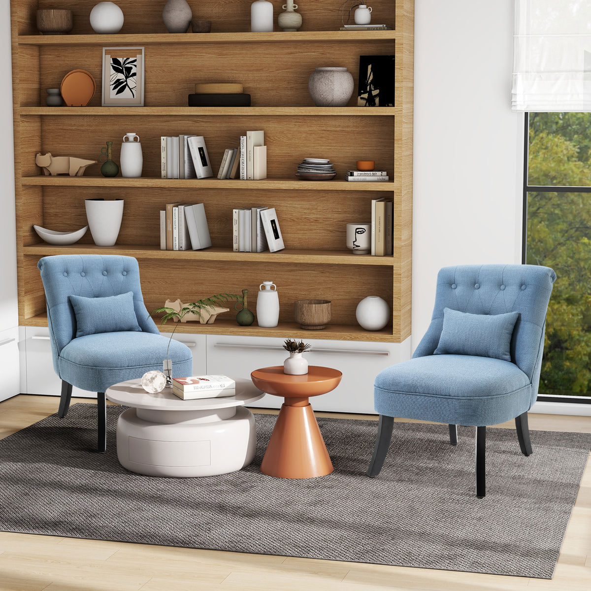 Fabric Single Sofa, Tub Chair, Upholstered Bedroom Chair with Pillow, Solid Wood Leg for Home, Living Room, Dining Room, Set of 2, Blue