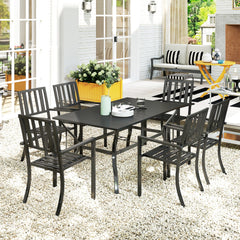 7 Pieces Garden Table and Chairs 6 Seater Outdoor Table and Chairs with Umbrella Hole, for Poolside, Garden, Black