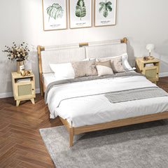 2-Piece Narrow Rattan Nightstands, Side End Table with Shelf and Cupboard, 39cm x 35cm x 60cm, Natural