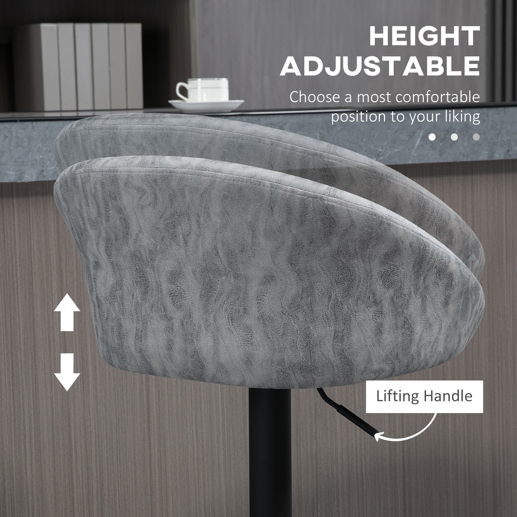 Modern Bar Stools Set of 2, Height Adjustable Swivel Barstools, PU Leather Upholstered Bar Chair with Backrest, Armrests and Footrest for Breakfast Bar, Counter, Kitchen, Light Grey