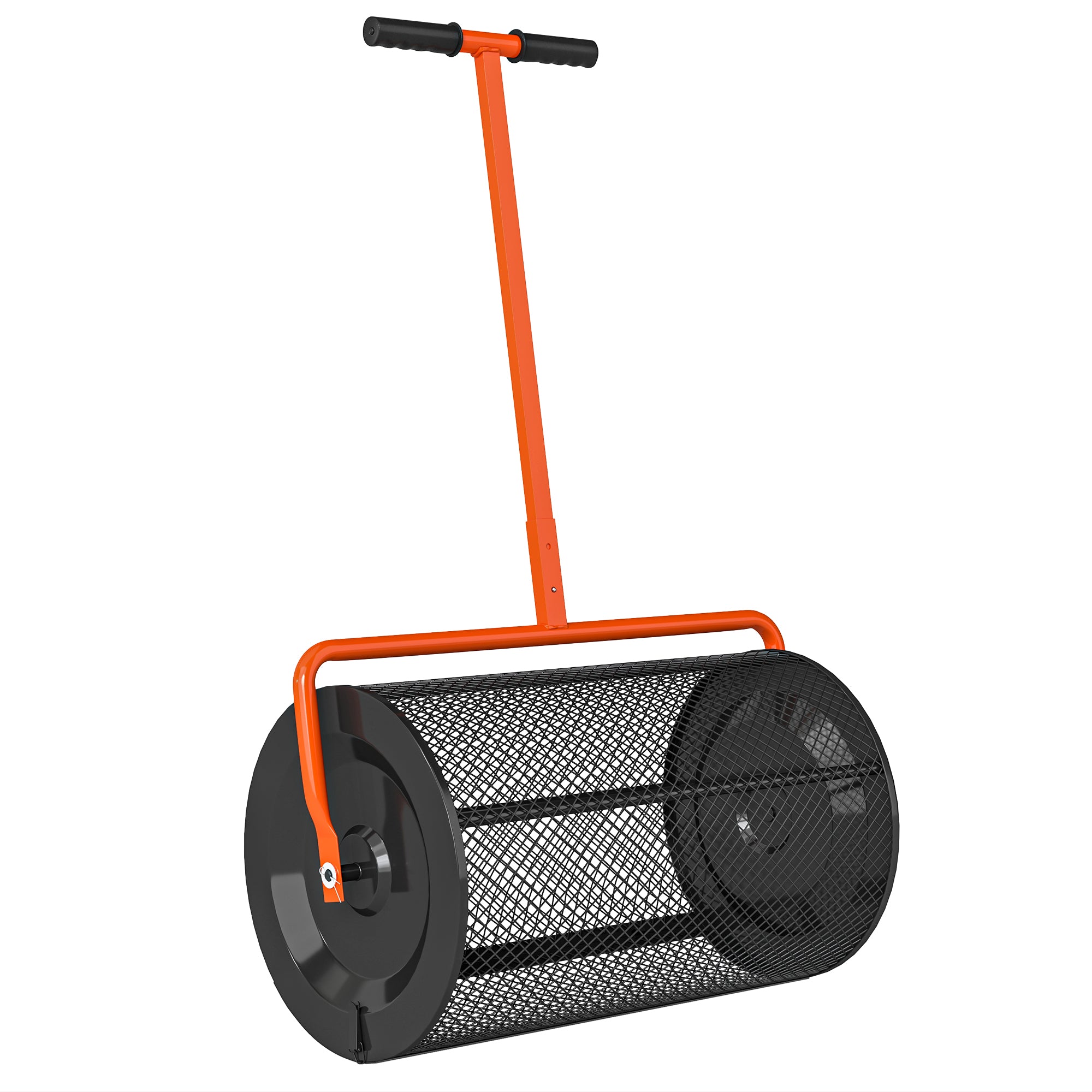 Compost Spreader, 24" Peat Moss Spreader with Height Adjustable T Shaped Handle and Metal Mesh Basket, Garden Spreader for Seeding, Spreading Manure, Orange