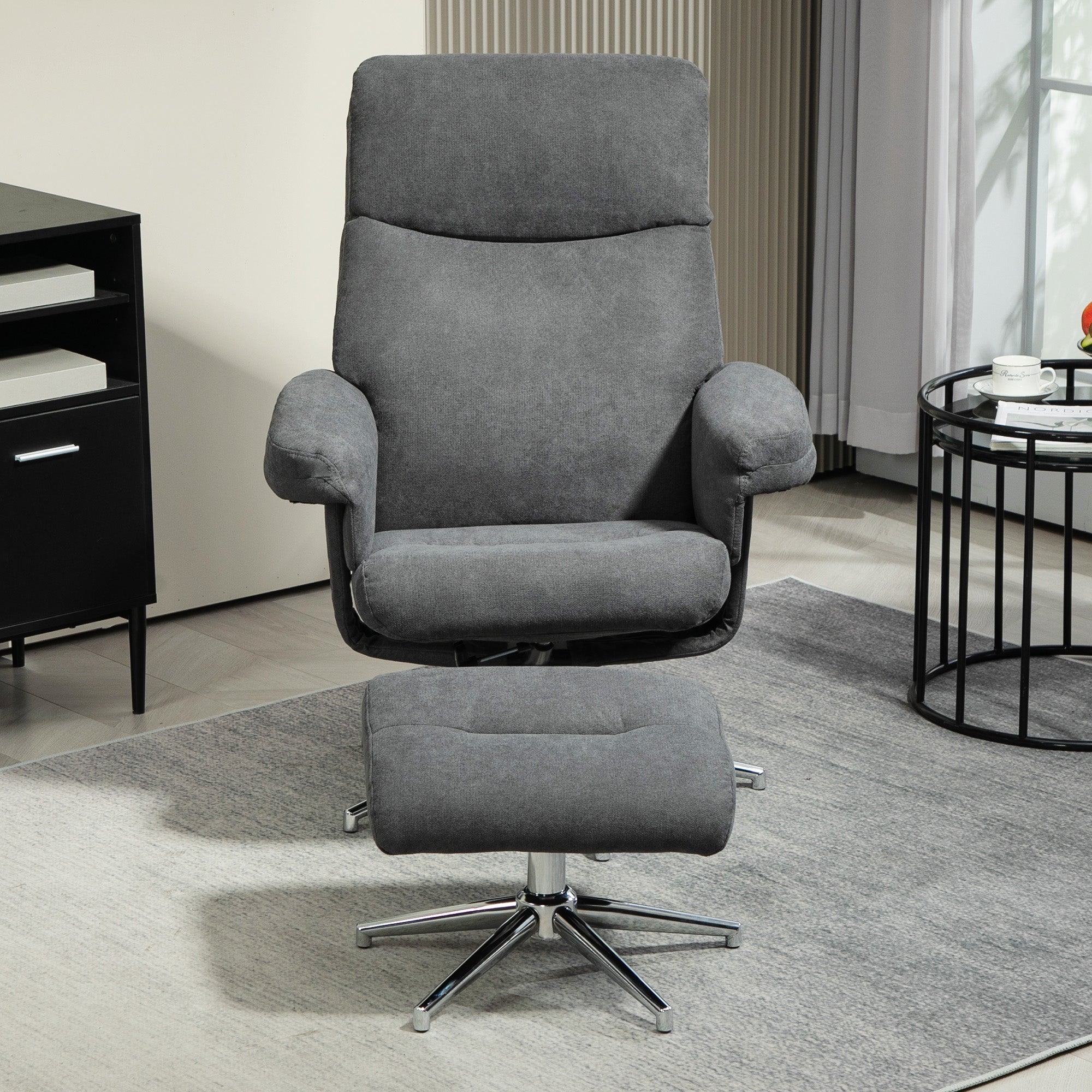 Velvet-Feel Recliner Chair and Ottoman - Dark Grey