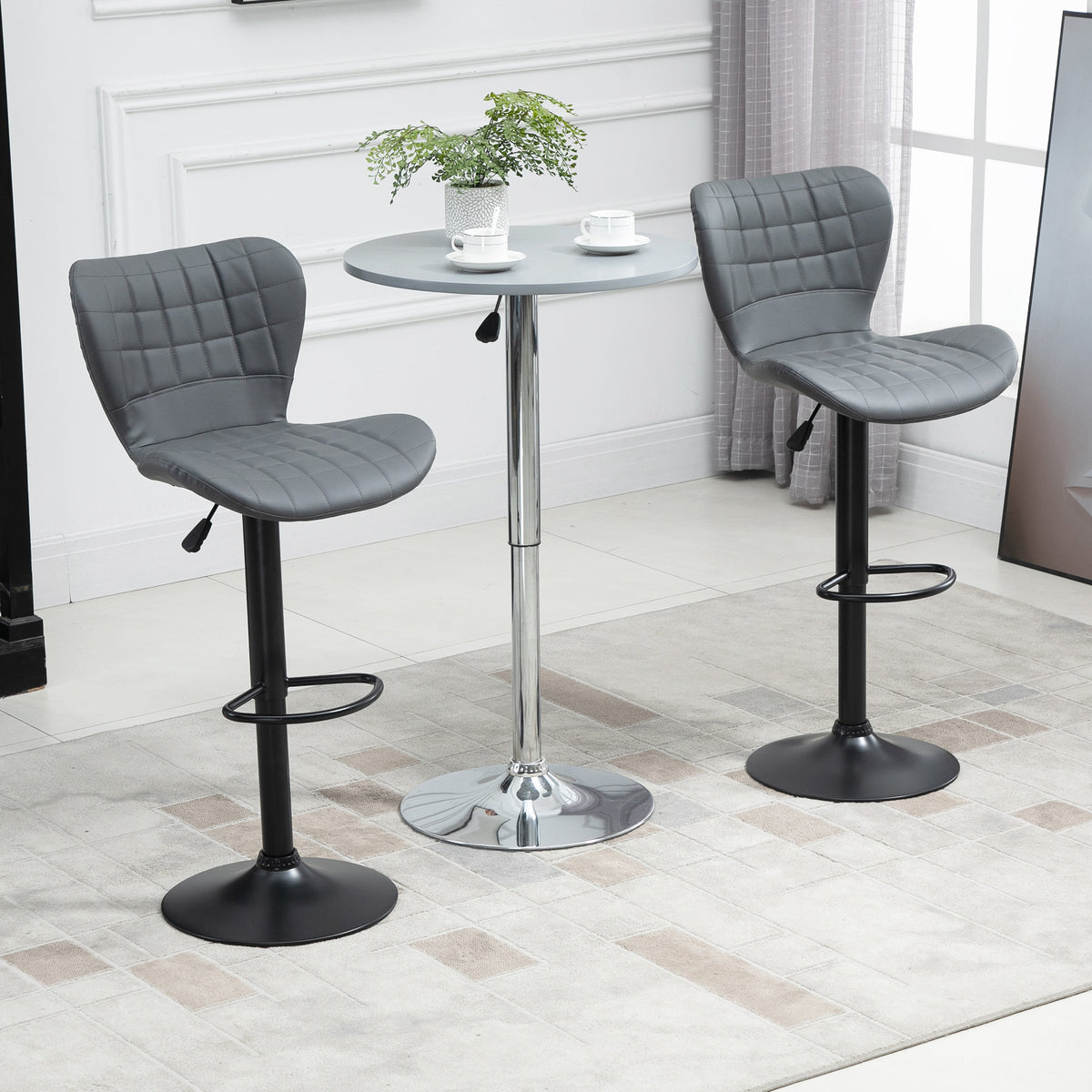 Bar Stools Set of 2 Adjustable Height Swivel Bar Chairs in PU Leather with Backrest & Footrest, Grey