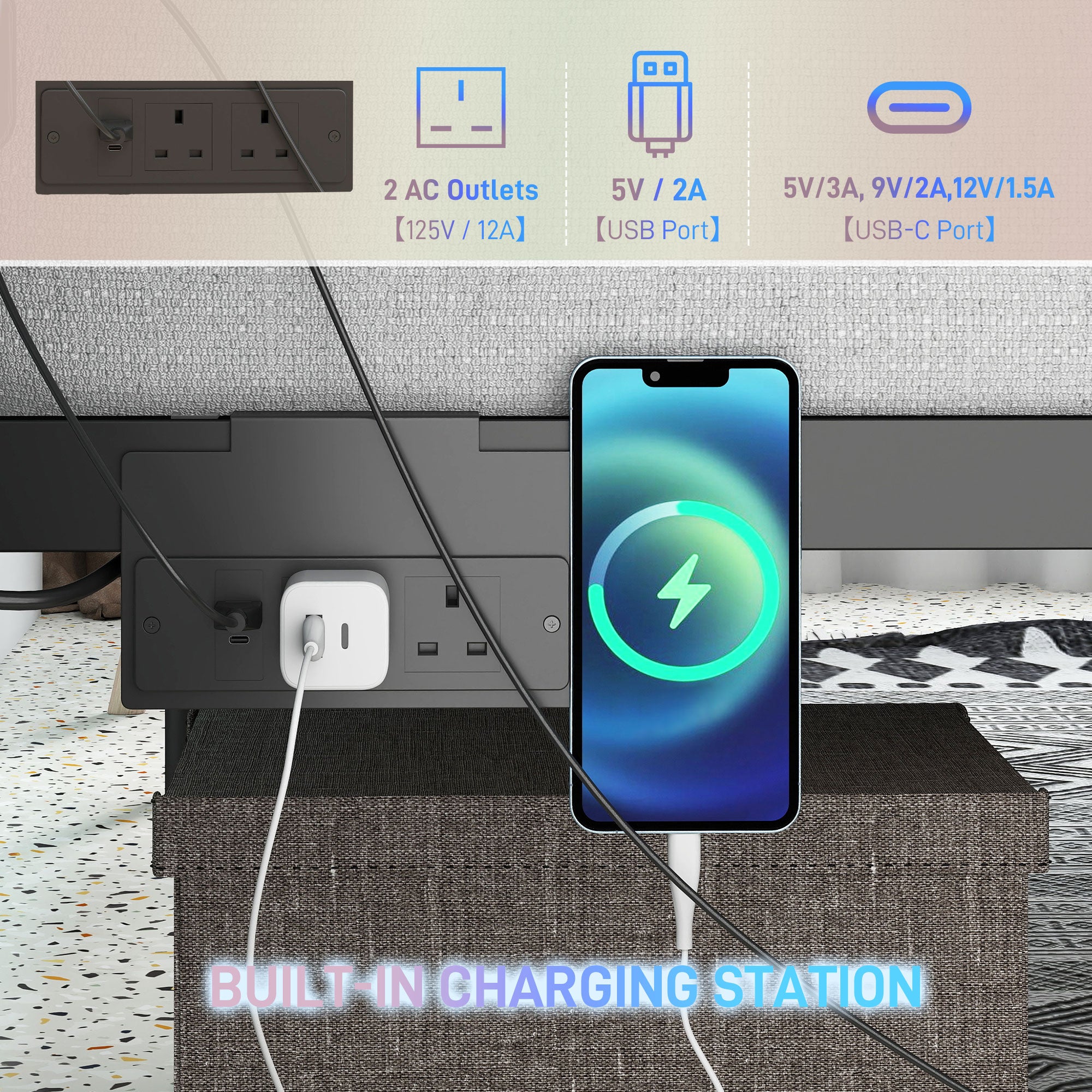 King Bed Frame with LED Lights and Charging Station, Metal Platform Bed Frame with Under Bed Storage, Black