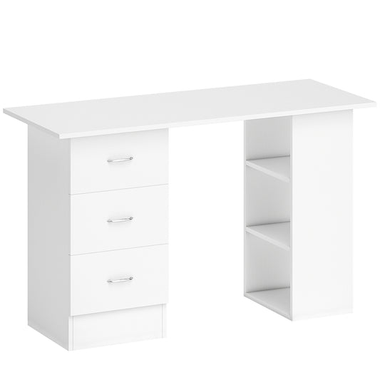 Fynco - Computer Desk, Writing Table, PC Workstation with 3 Storage Shelves and Drawers, Silver Handle, for Home Office, White