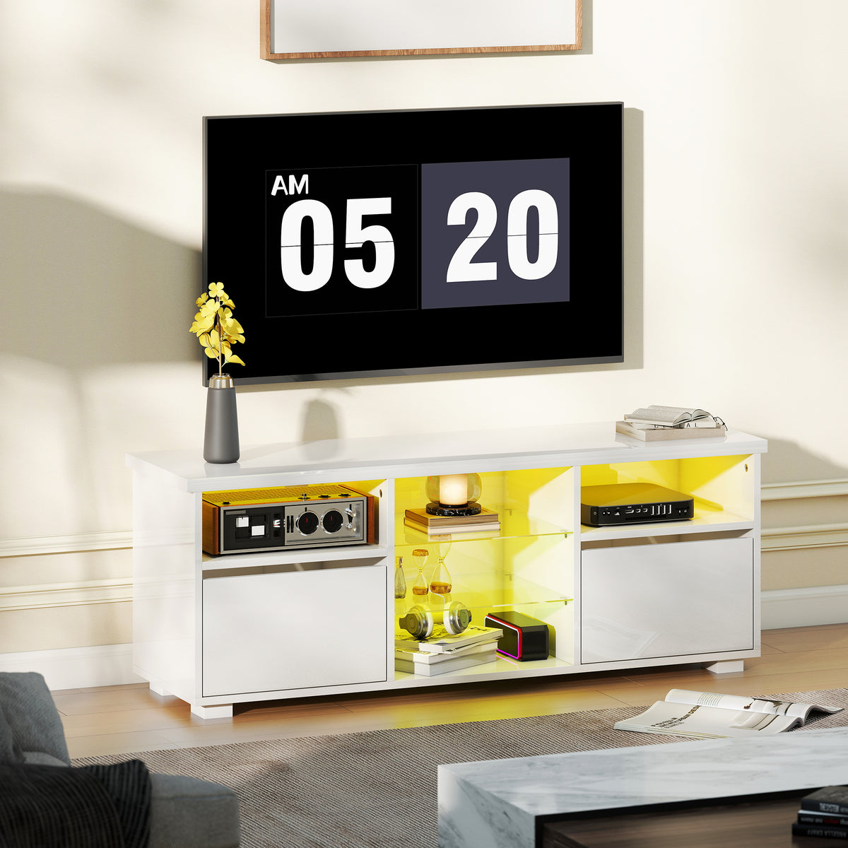 TV Stand Cabinet with LED Lights - High Gloss White