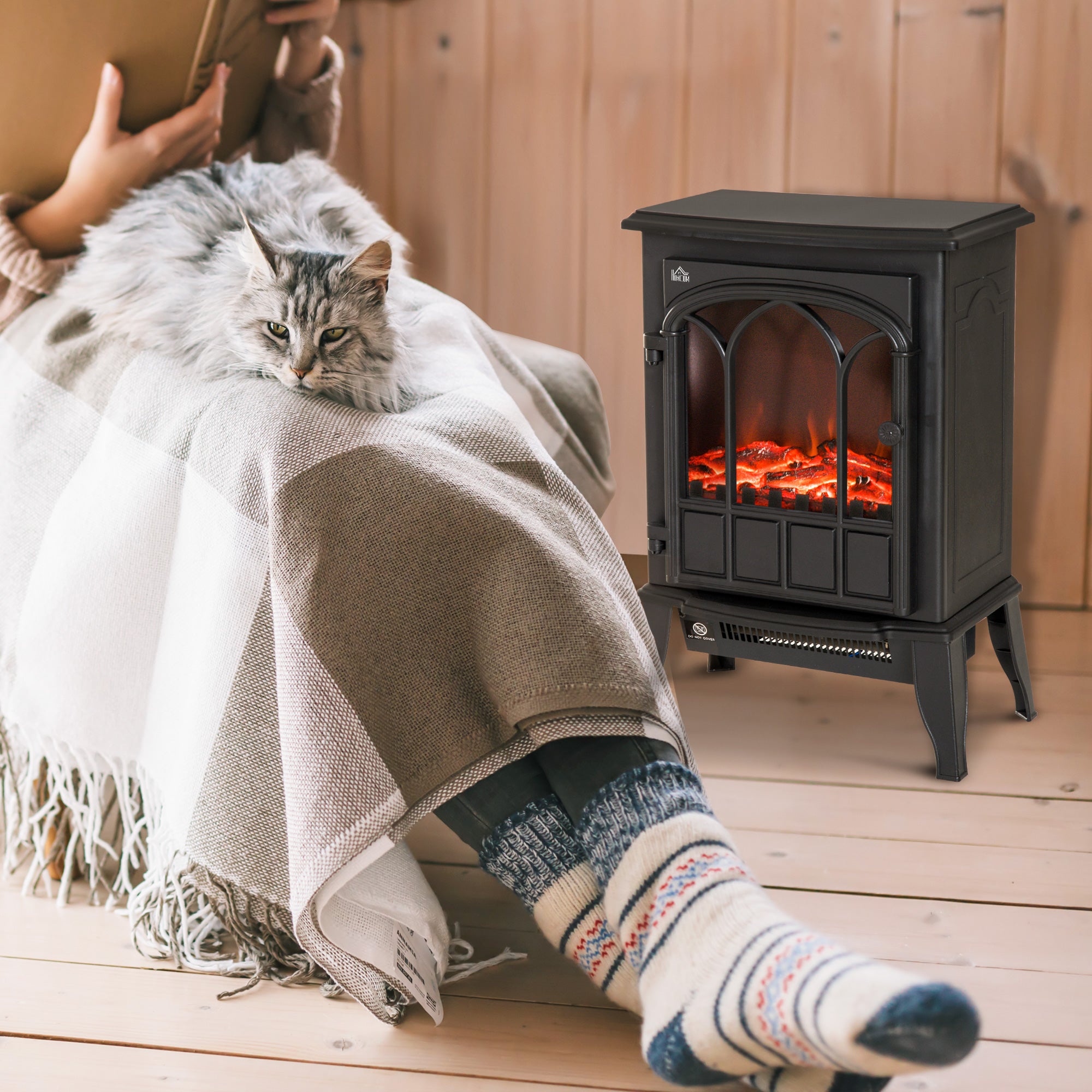 Fynco - Freestanding Electric Fireplace, Electric Stove Heater with LED Flame Effect, Overheating Safety System, 1000W/2000W Black