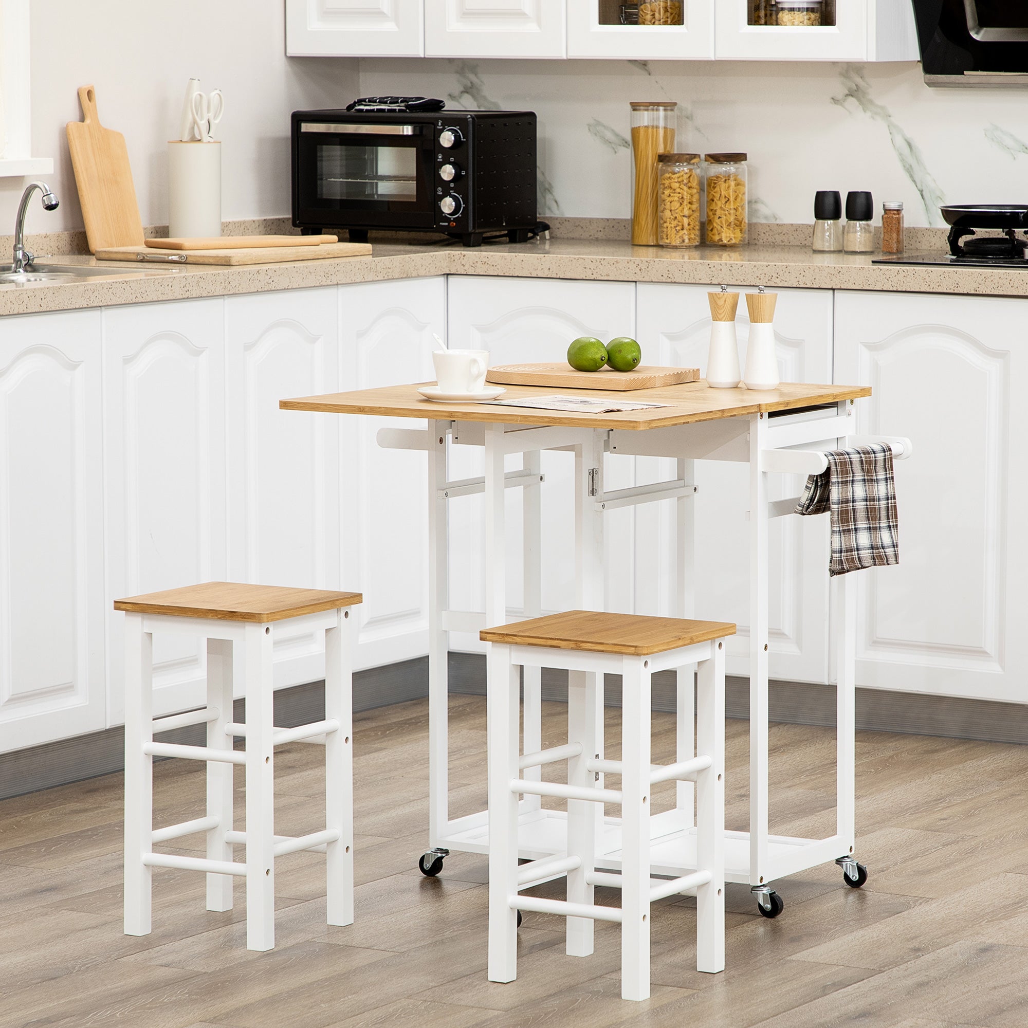 Fynco - Kitchen Island Set with 2 Stools, Bamboo Breakfast Cart with Drop Leaf Top, Drawers and Towel Rack, Rolling Kitchen Cart and Chairs Set, White