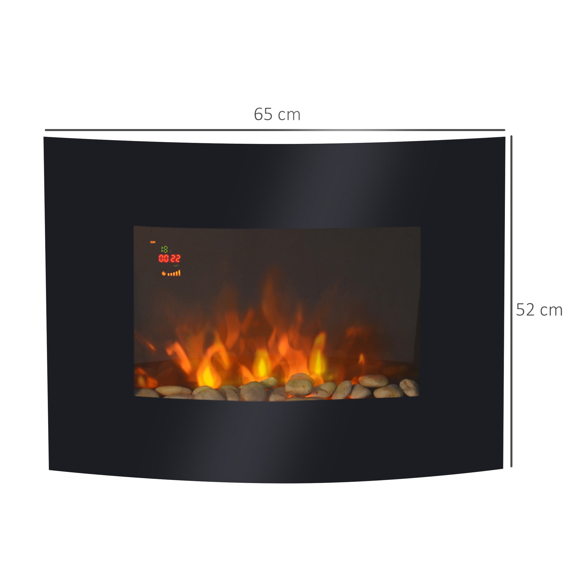 Fynco - Led Wall Mounted Fireplace Curved Glass Electric Fire Place Fire Place 7 Colour Side Lights Slimline, 900/1800W, 65cm x 52cm