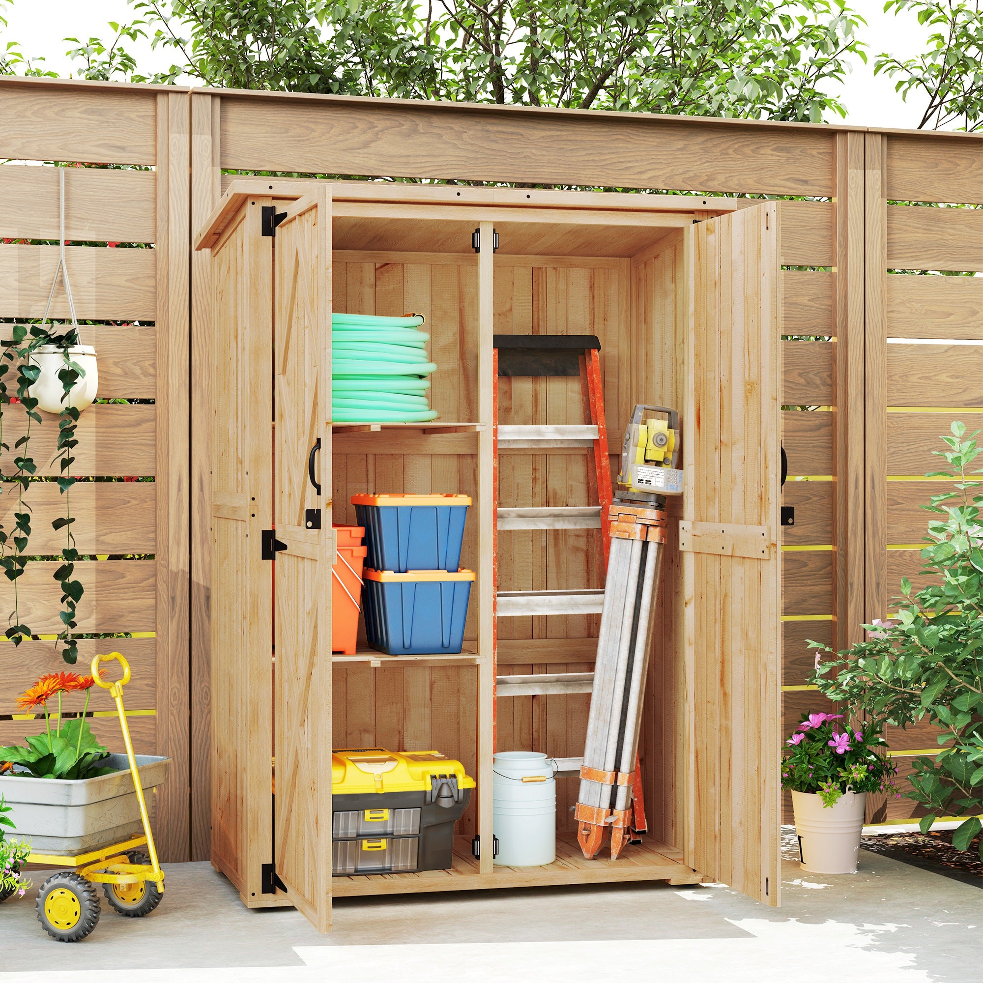 Fynco - Wooden Garden Storage Shed, Tool Storage Cabinet with Asphalt Roof and 2 Shelves for Garden Tools, Equipment, Outdoor Tool Shed with Double Doors, Natural