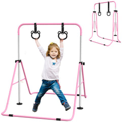 Adjustable Height, Foldable Kids Gymnastics Bar w/ Non-slip Rubber Floor Rings, for 3+ Years, Pink