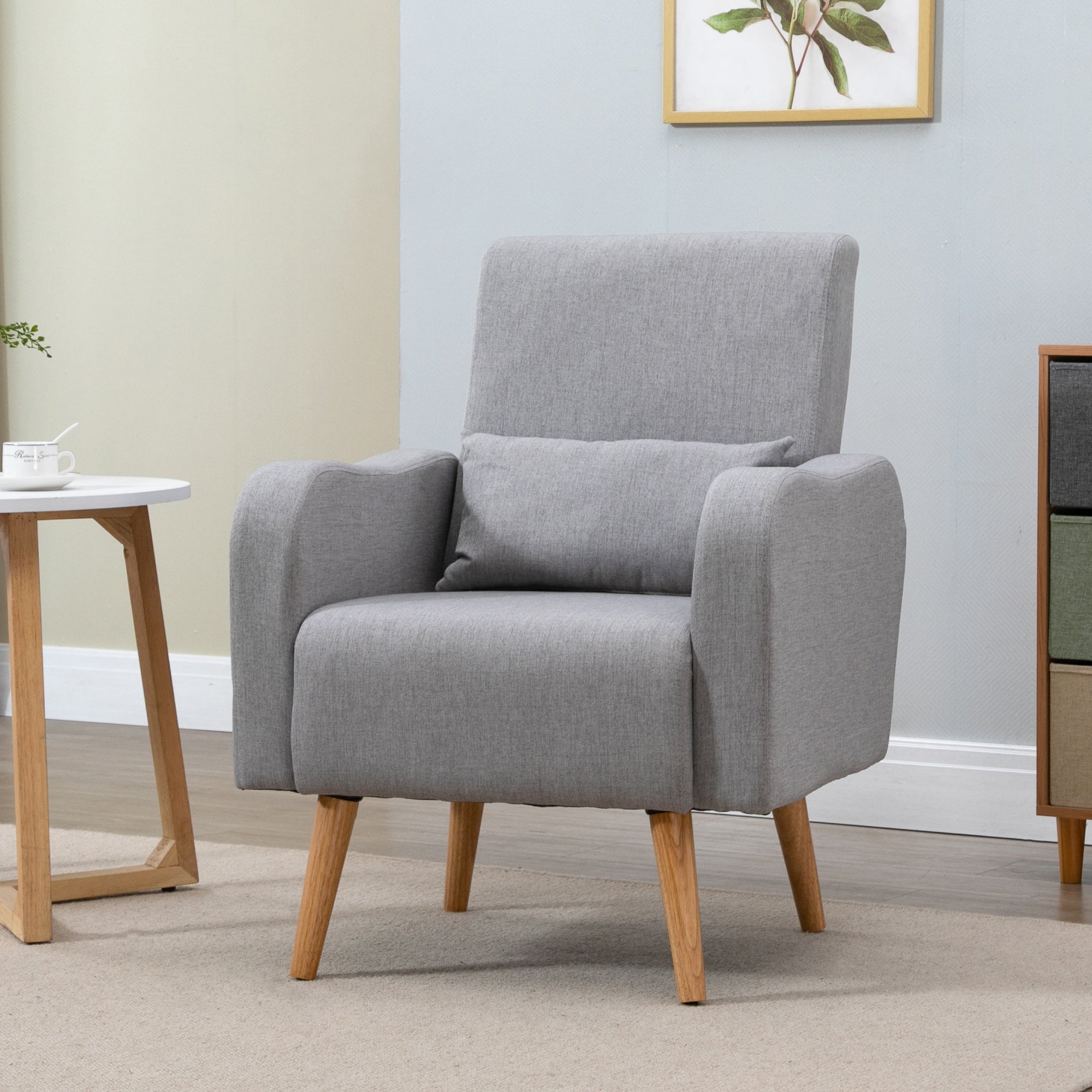 Accent Chair, Linen-Touch Armchair with Pillow, Upholstered Leisure Lounge Sofa for Living Room, Club Chair with Rubber Wooden Frame, Grey