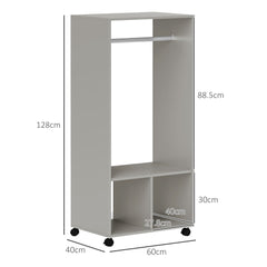 Open Wardrobe on Wheels, Bedroom Wardrobe with Clothes Hanging Rail, 2 Storage Shelves, Mobile Garment Rack for Cloakroom, Hallway, Grey