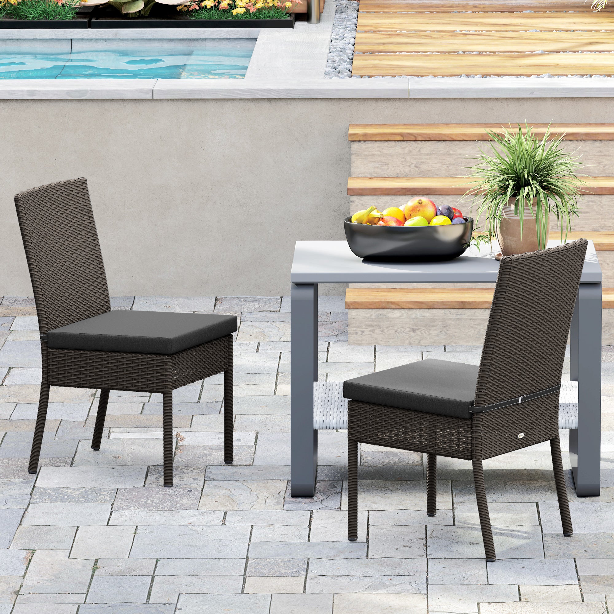 Set of Four Armless Rattan Garden Chairs - Dark Grey