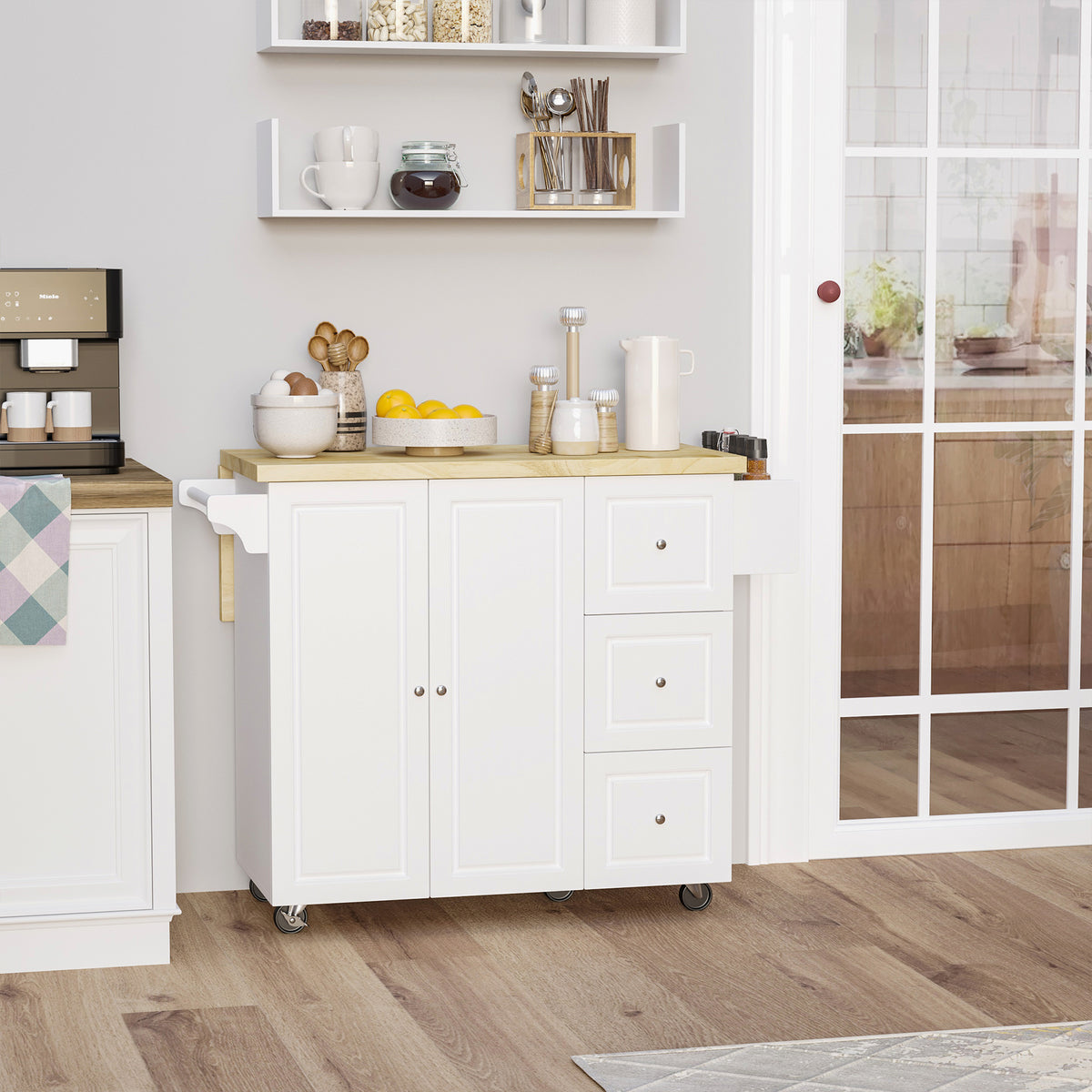Drop-Leaf Kitchen Island on Wheels with Extendable Rubber Wood Worktop, Rolling Kitchen Storage Trolley, Utility Storage Cart with Drawers & Cabinet for Kitchen, Dining & Living Room, White