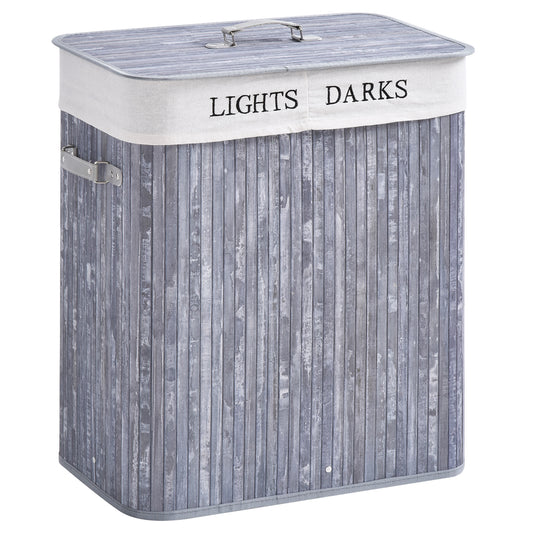 100L Collapsible Natural Wood Laundry Hamper Organizer Clothes Washing Basket Bin Storage Box w/Lid Removable Lining 52x32x63cm, Grey