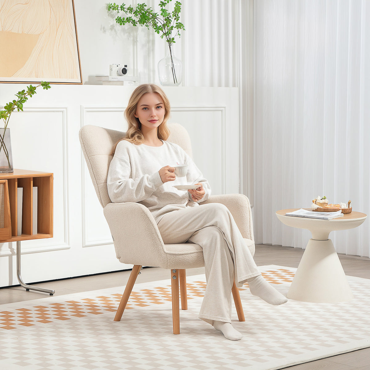 Modern Accent Chair, Upholstered Tufted Wingback Armchair with Seat Padding, Teddy Fleece Leisure Lounge Bedroom Chair with Wood Legs, Cream White