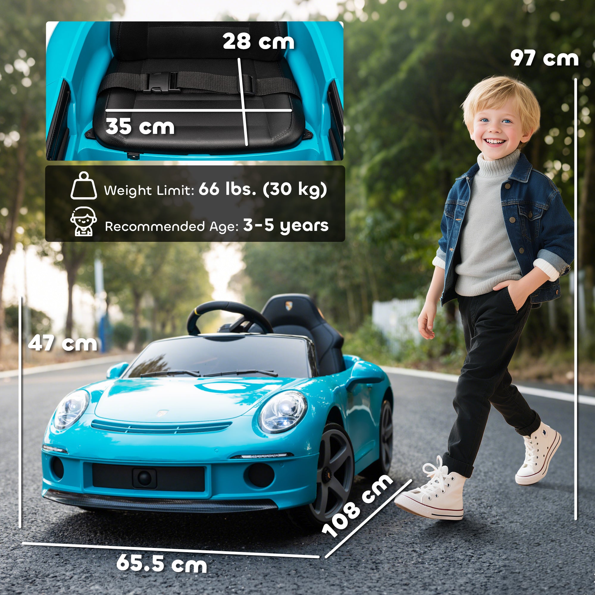 AIYAPLAY Kids Electric Car, 12V Licensed RUF GT Ride on Car with Suspension, Remote Control, Music, for 3-5 Years, Blue