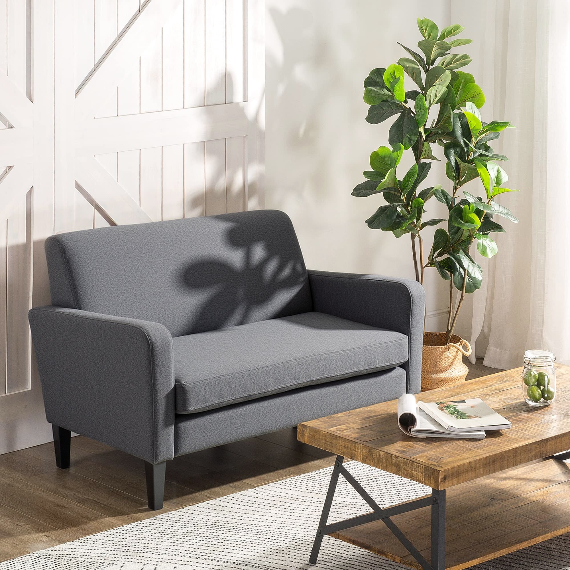 Linen Modern-Curved 2-Seat Sofa Loveseat w/ Thick Cushion Wood Legs Foot Pads Single Compact Home Furniture Grey