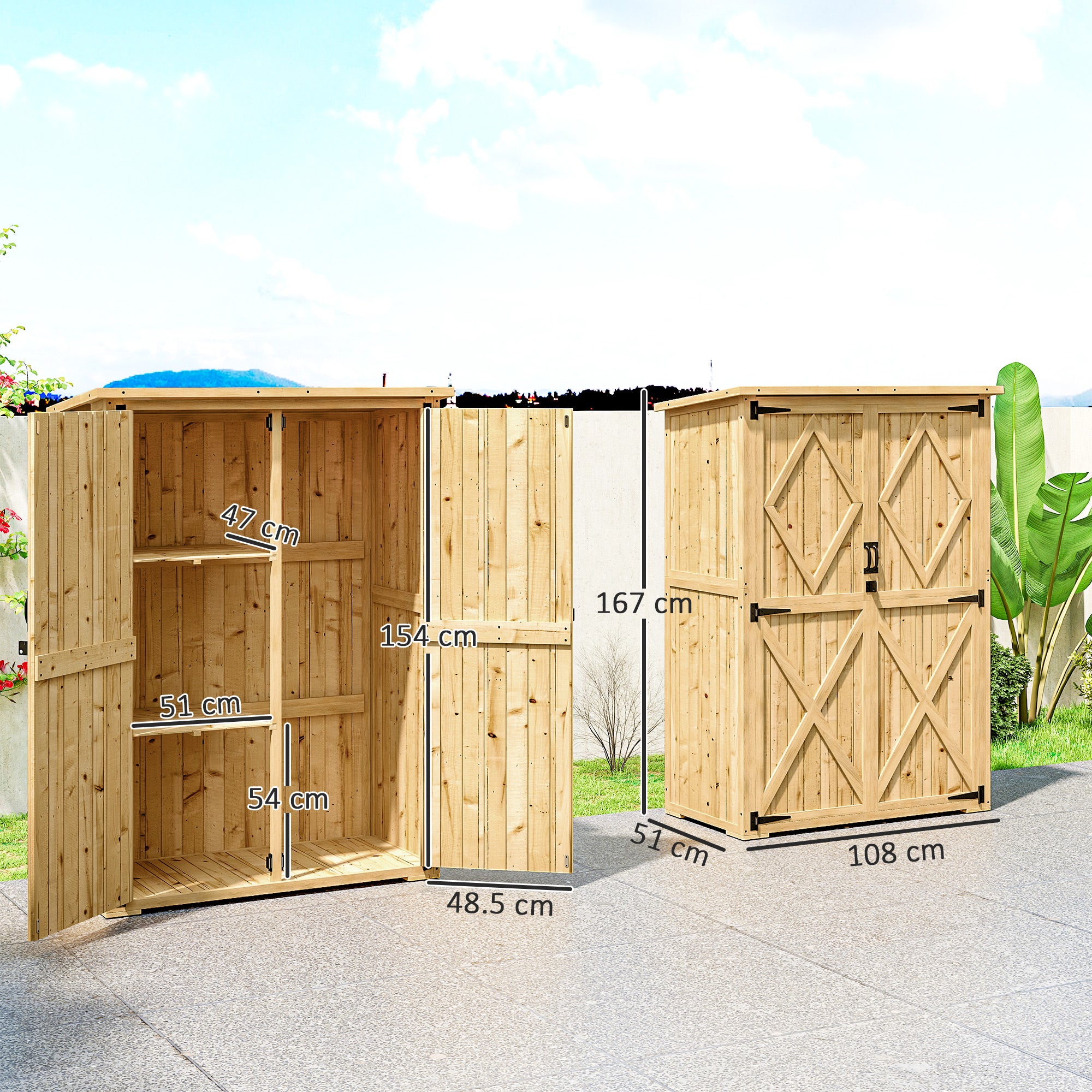 Fynco - Wooden Garden Storage Shed, Tool Storage Cabinet with Asphalt Roof and 2 Shelves for Garden Tools, Equipment, Outdoor Tool Shed with Double Doors, Natural