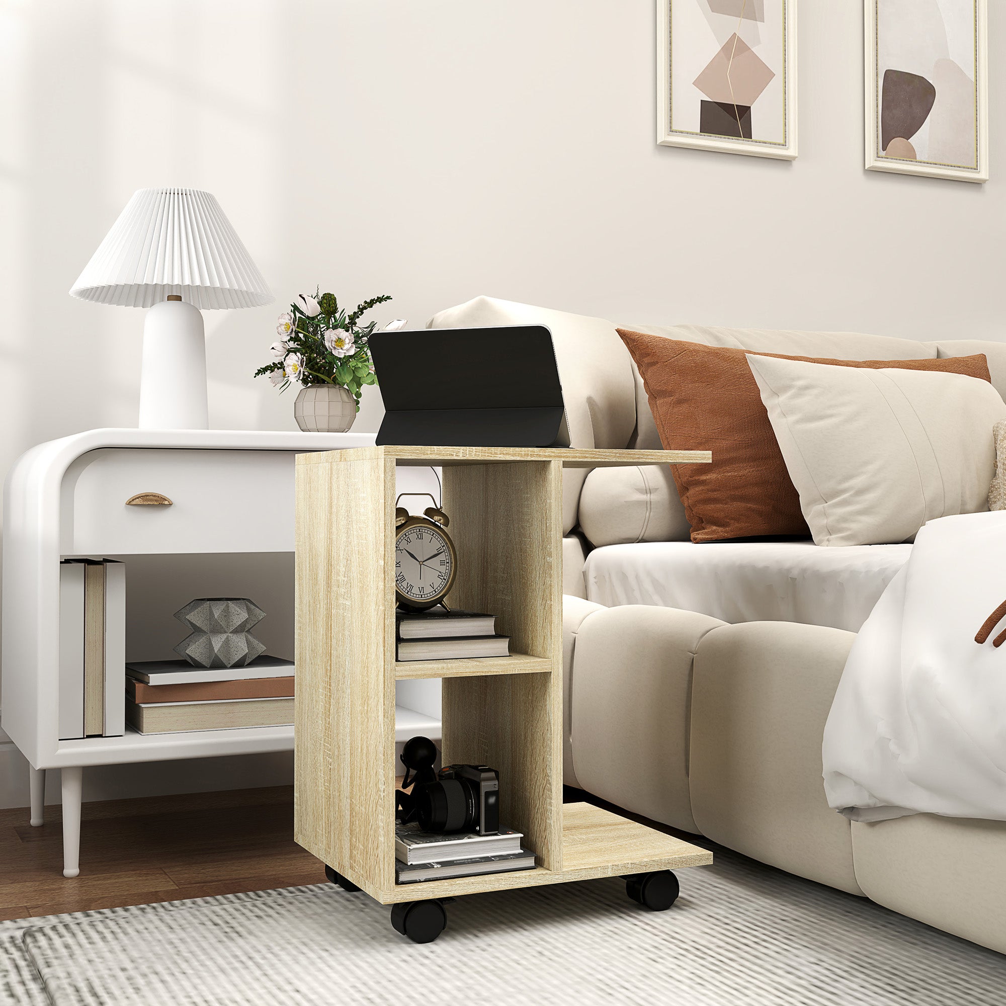 C-Shape End Table Unique Storage Unit w/ 2 Shelves 4 Wheels Freestanding Home Office Furniture Cabinet Square Studio Natural