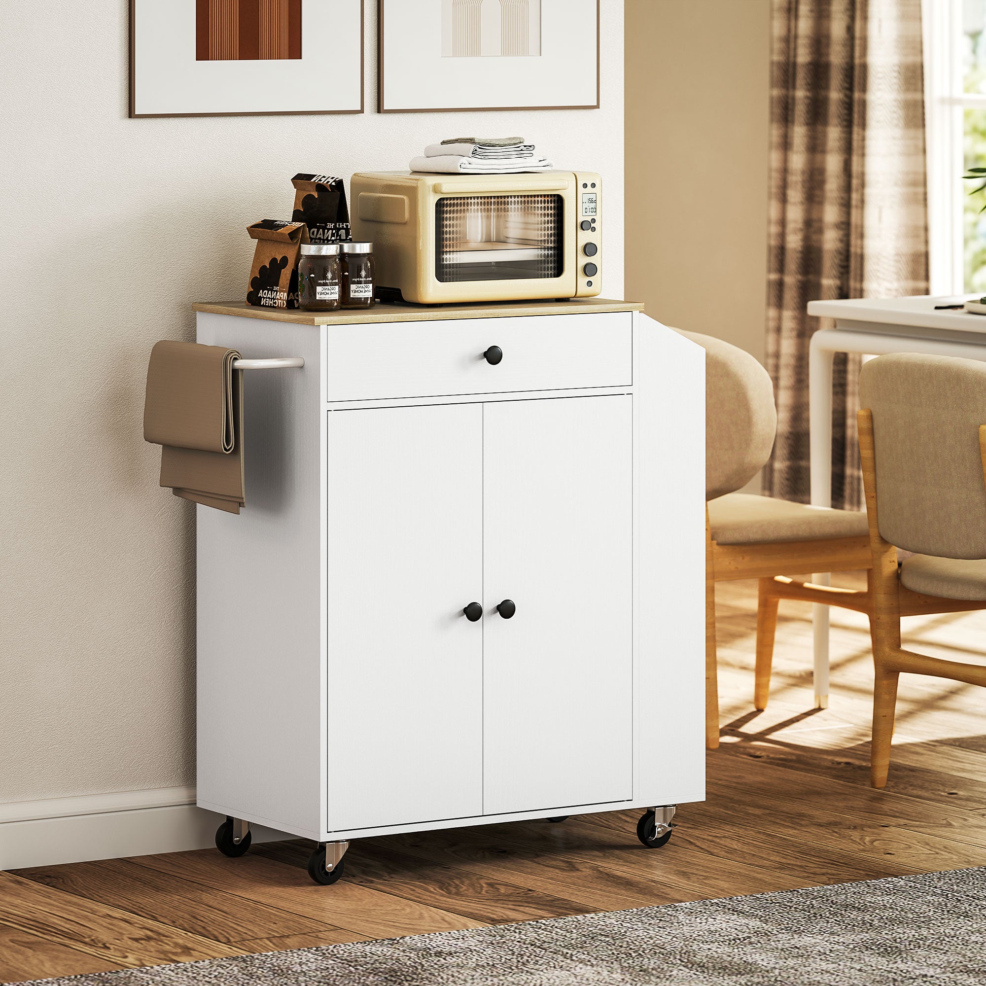 Fynco - Rolling Kitchen Island with 3-Tier Spice Rack, Kitchen Storage Cart with Drawer and Towel Rack, White