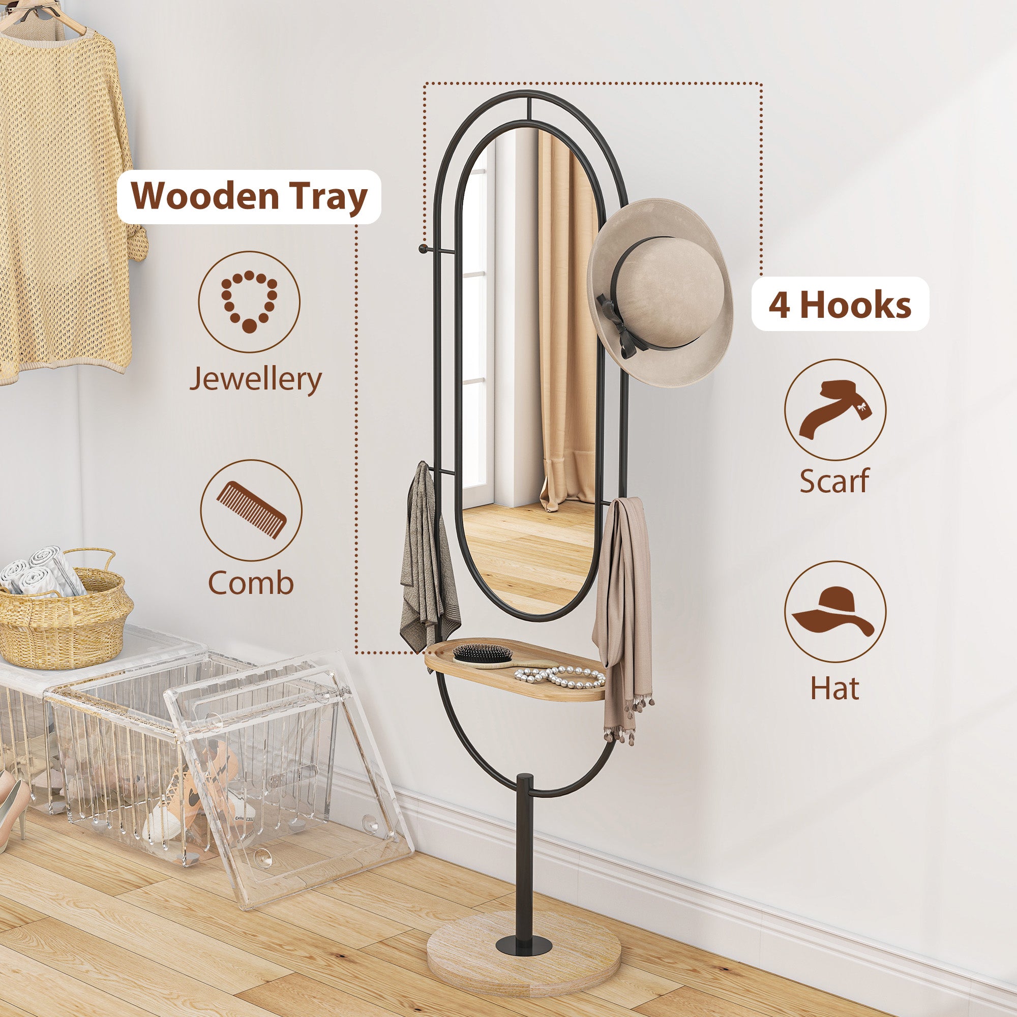 Oval Full Length Mirror with Wooden Tray and 4 Hooks - Black