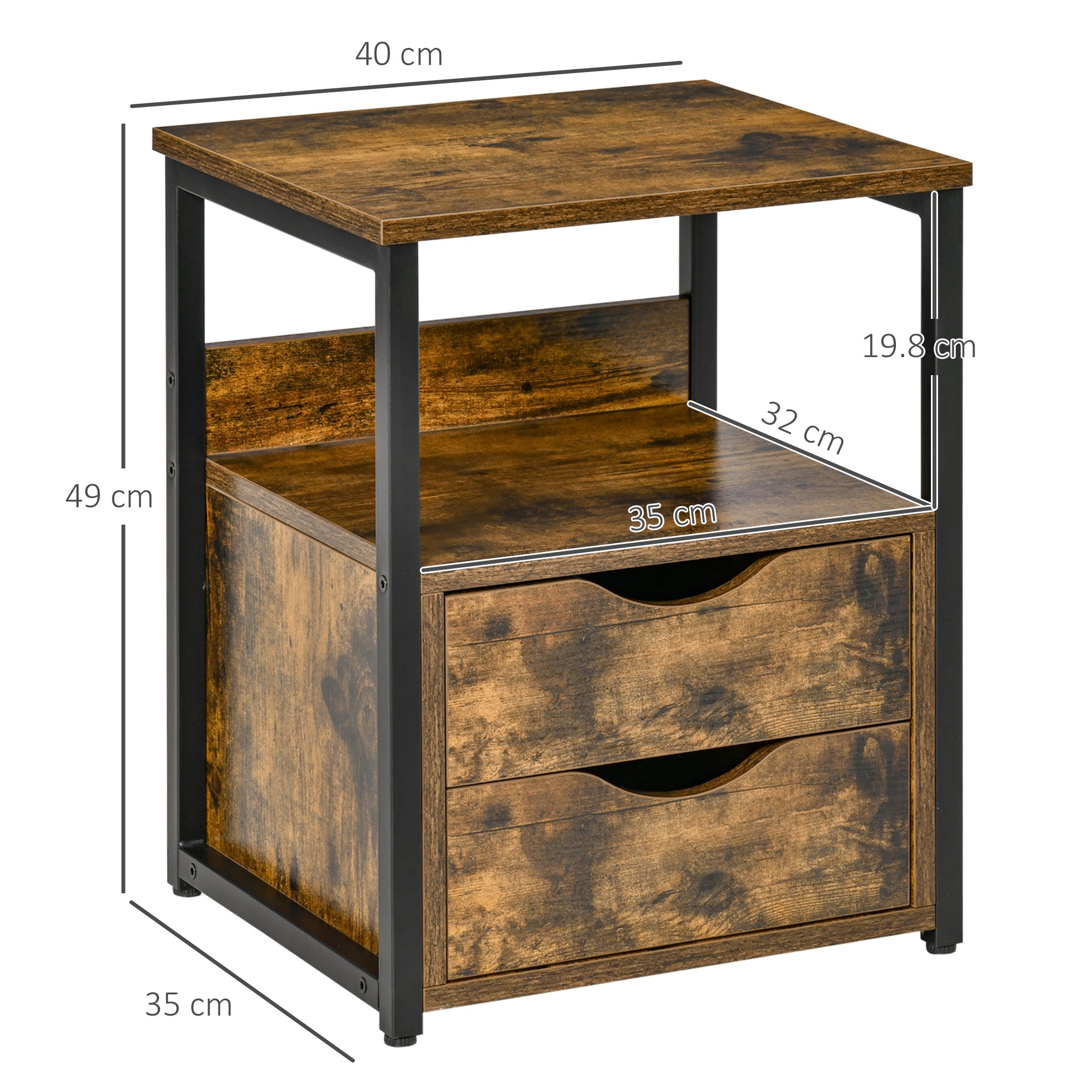 Industrial Side Table Set of 2, Sofa Table with Drawer, Bedside Cabinet with Storage Shelf, Slim Nightstand for Living Room, Bedroom, Rustic Brown