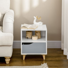 Set of 2 Modern Bedside Tables with Shelves, Drawers and Wood Legs, 36.8cm x 33cm x 43.8cm, White and Grey