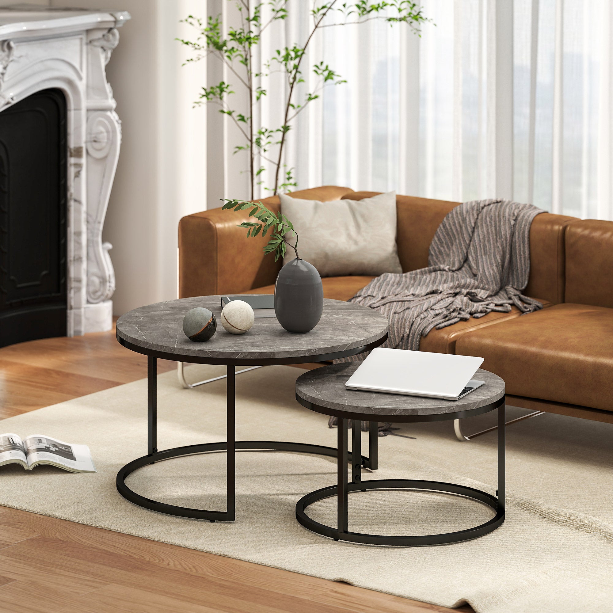 Industrial Nesting Coffee Table Set of 2, Round Coffee Tables, Living Room Table with Faux Marbled Top and Steel Frame