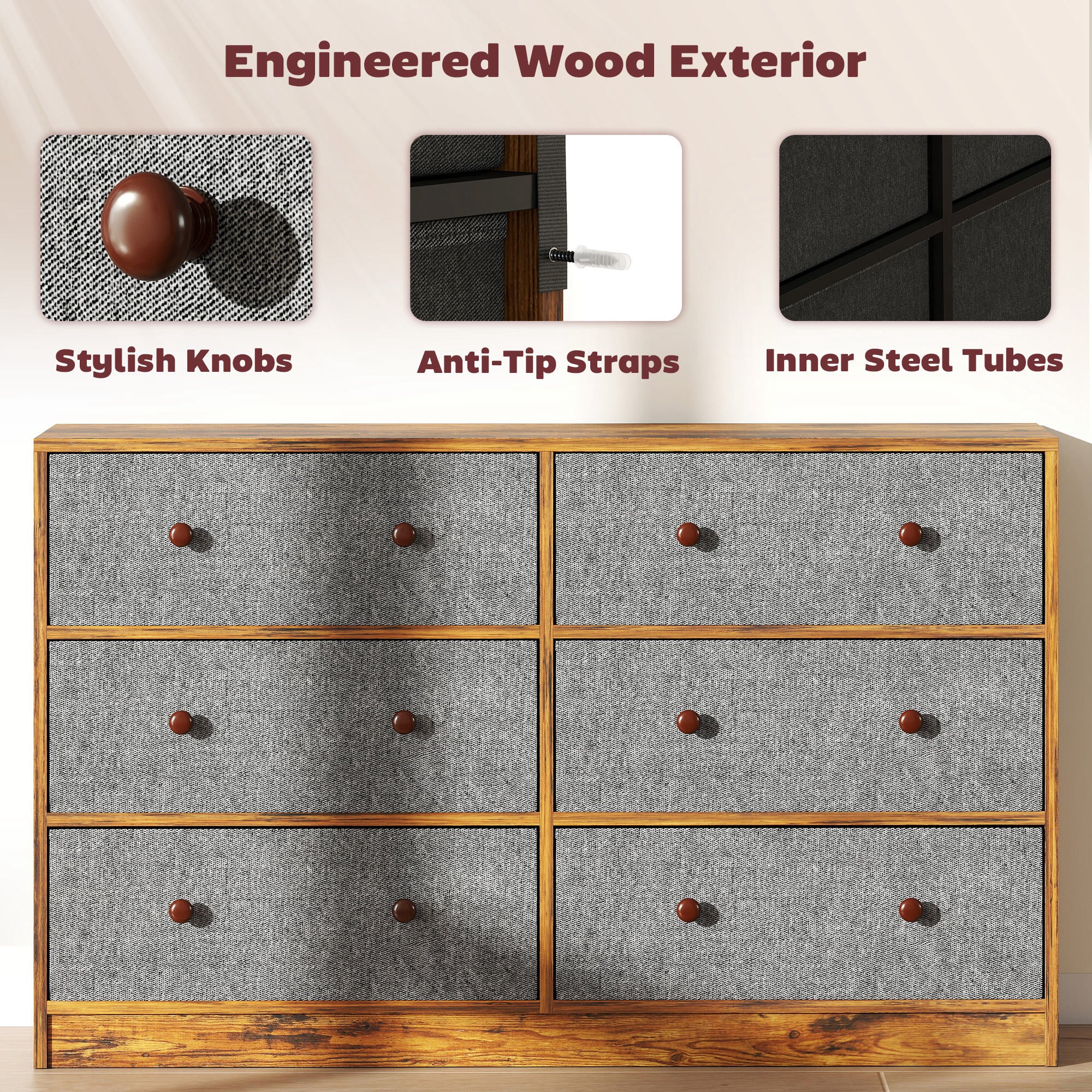 Chest of Drawers, Dresser with 6 Fabric Drawers - Grey and Rustic Brown