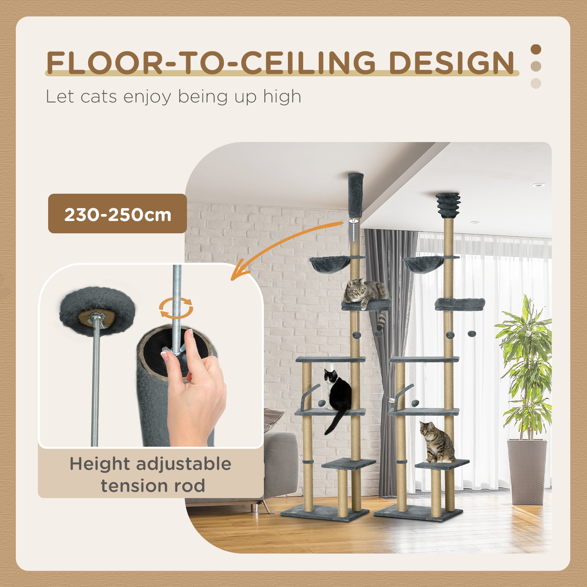 Floor to Ceiling Cat Tree for Indoor Cats, 6-Tier Play Tower Climbing Activity Center with Scratching Post, Platforms, Bed, Hammock, Adjustable Height 230-250cm, Grey