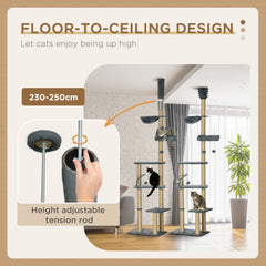 Floor to Ceiling Cat Tree for Indoor Cats, 6-Tier Play Tower Climbing Activity Center with Scratching Post, Platforms, Bed, Hammock, Adjustable Height 230-250cm, Grey