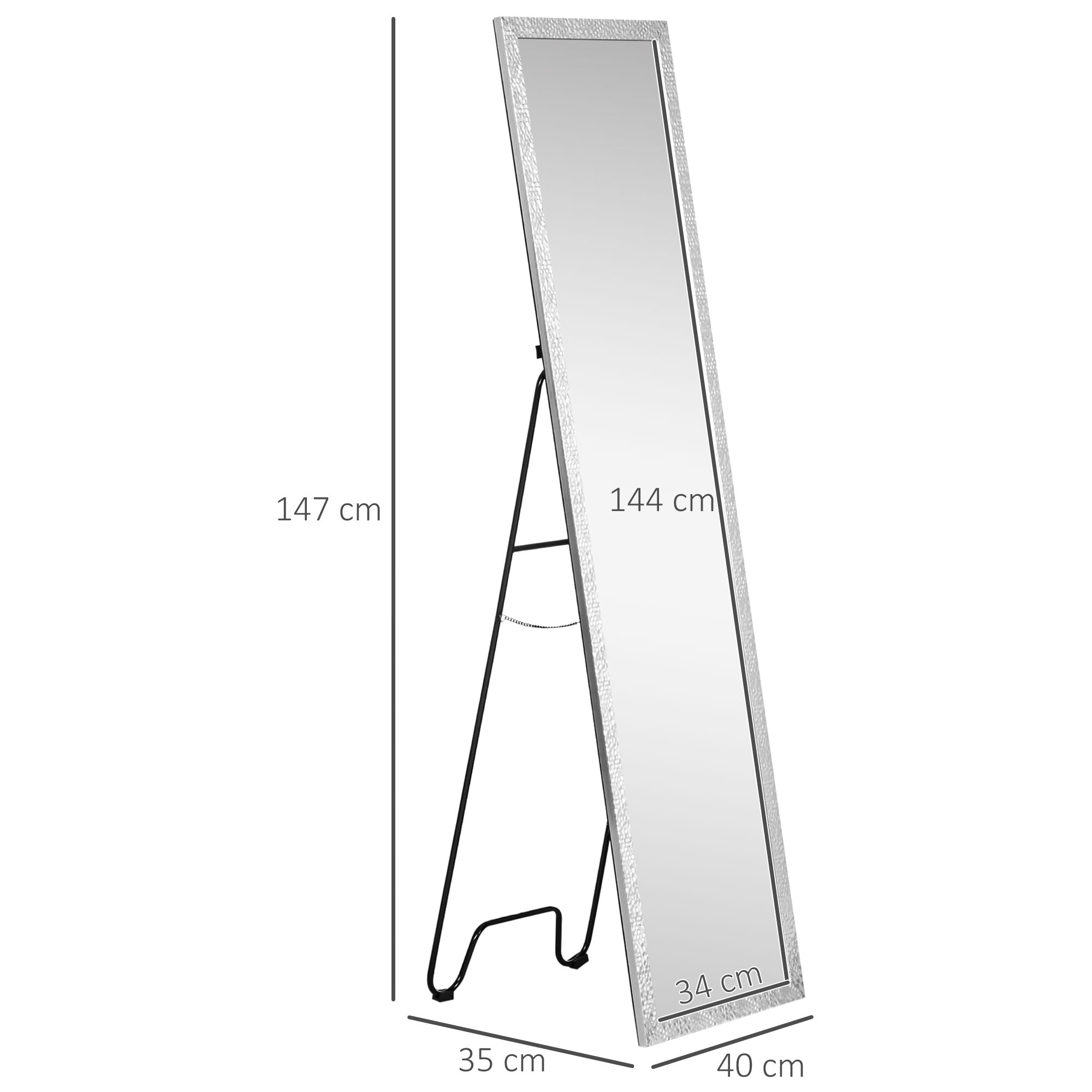 Full Length Mirror Free Standing Mirror Dressing Mirror with PS Frame Modern Wall Mirror for Living Room and Bedroom 34 x 144cm, Silver
