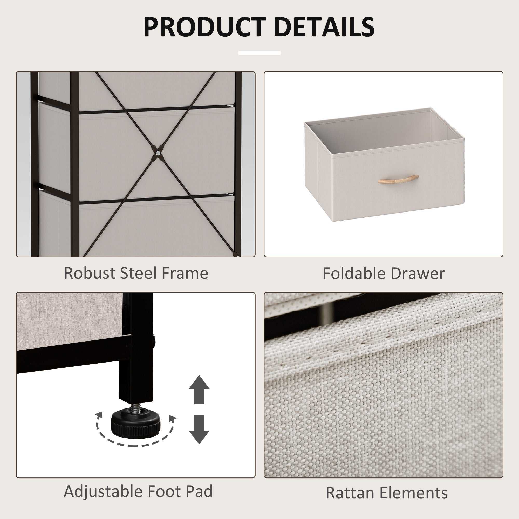 Fabric Chest of Drawers, Industrial Bedroom Dresser with 5 Fabric Drawers, Steel Frame and Wooden Top for Nursery, Living Room, Hallway, Cream White