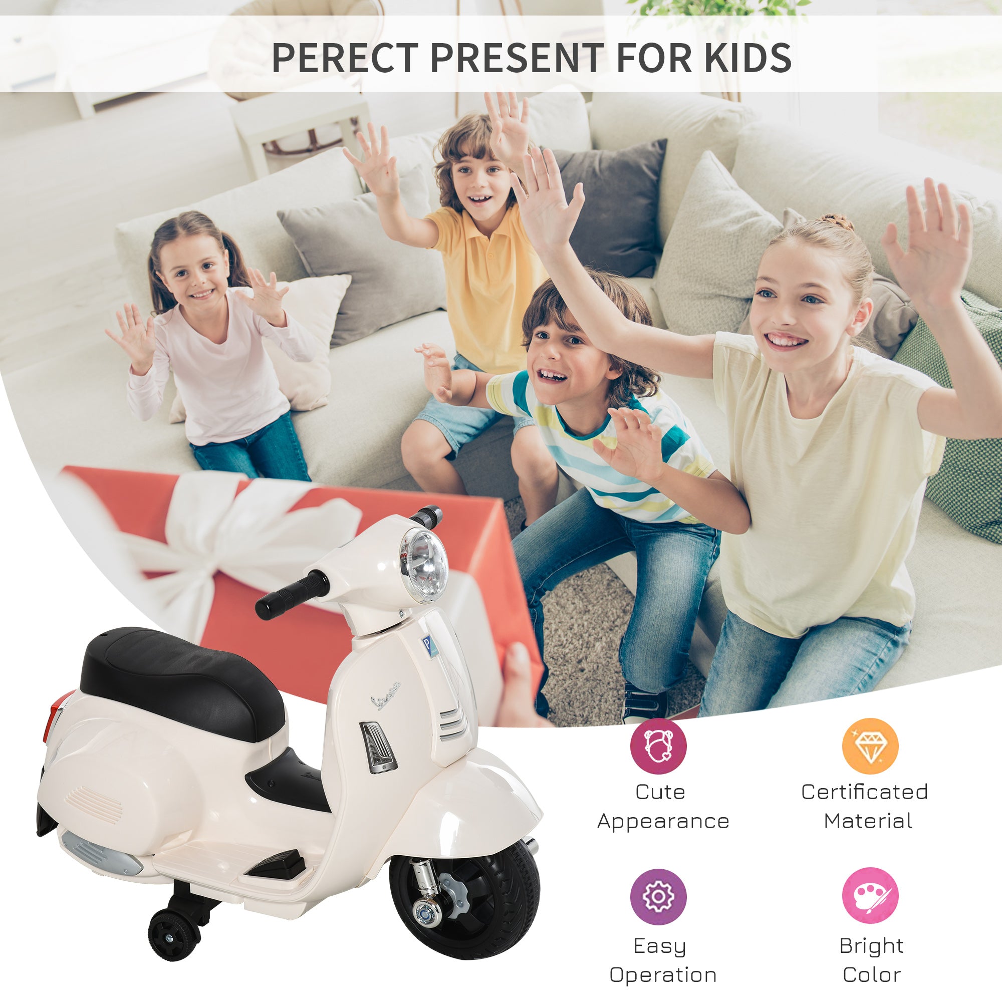 Vespa Licensed 6V Kids Electric Motorbike Ride On Motorcycle Battery Powered for 18-36 Months with Horn Headlight White