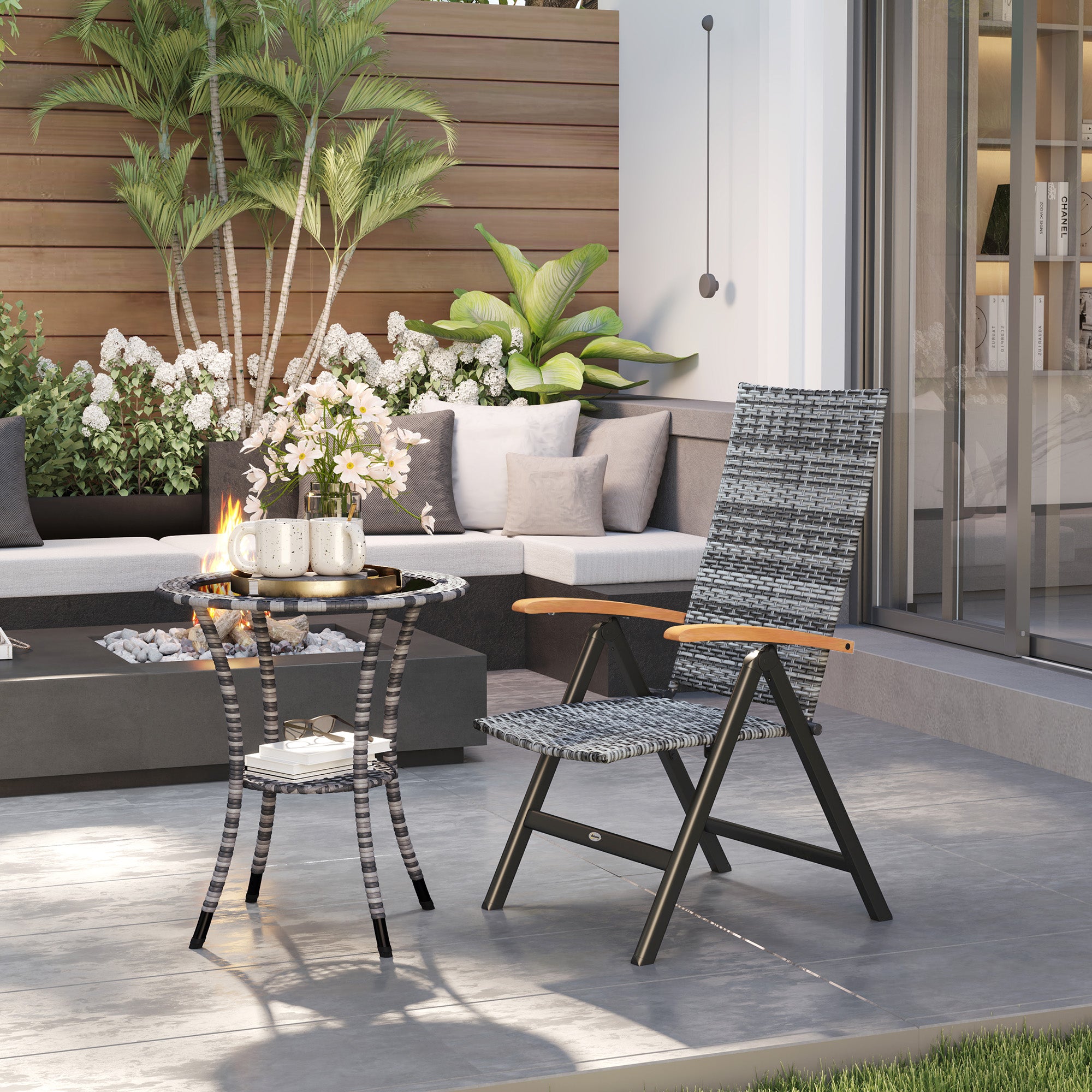 Folding Rattan Garden Dining Chair with 5-level Reclining High Back, Wood Armrests for Outdoor, Patio - Light Grey