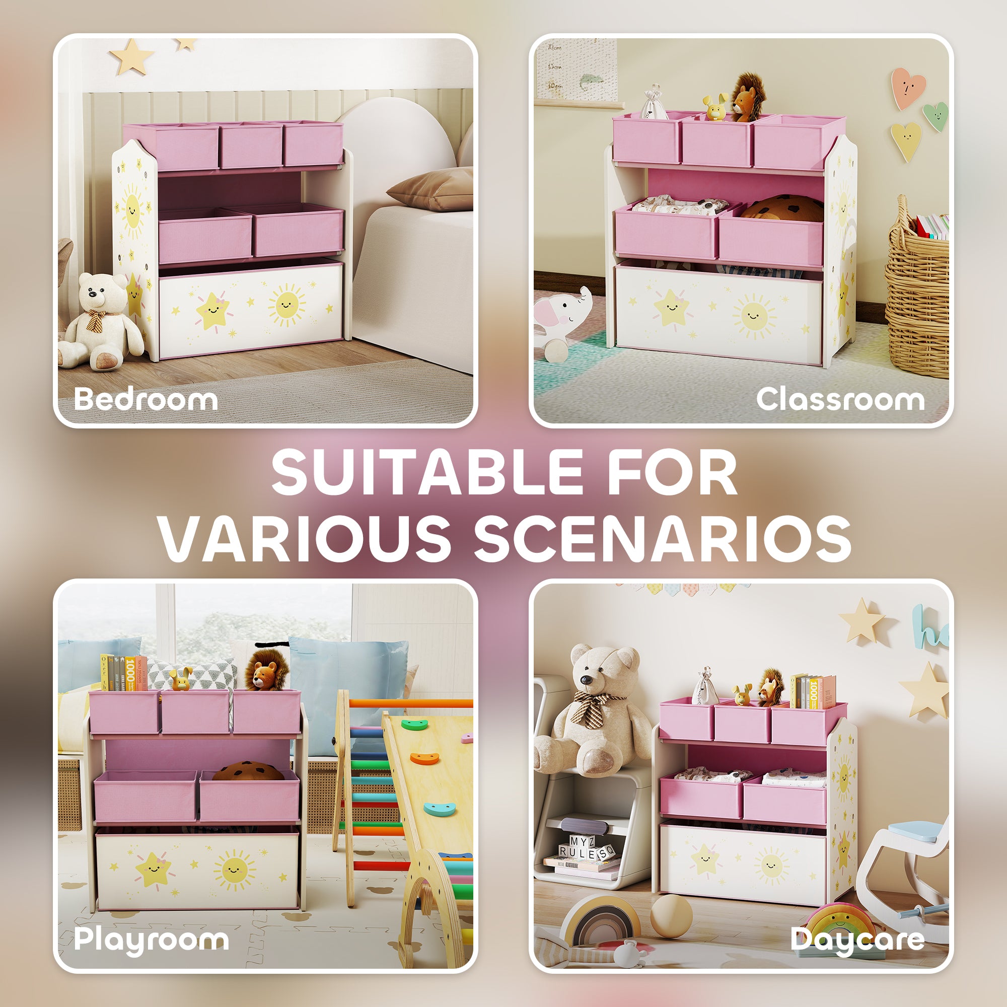 AIYAPLAY Kids Toy Storage Units, 3-Tier Toy Organiser Shelf with 6 Removable Boxes for Kids, Bedroom, Playroom, Pink