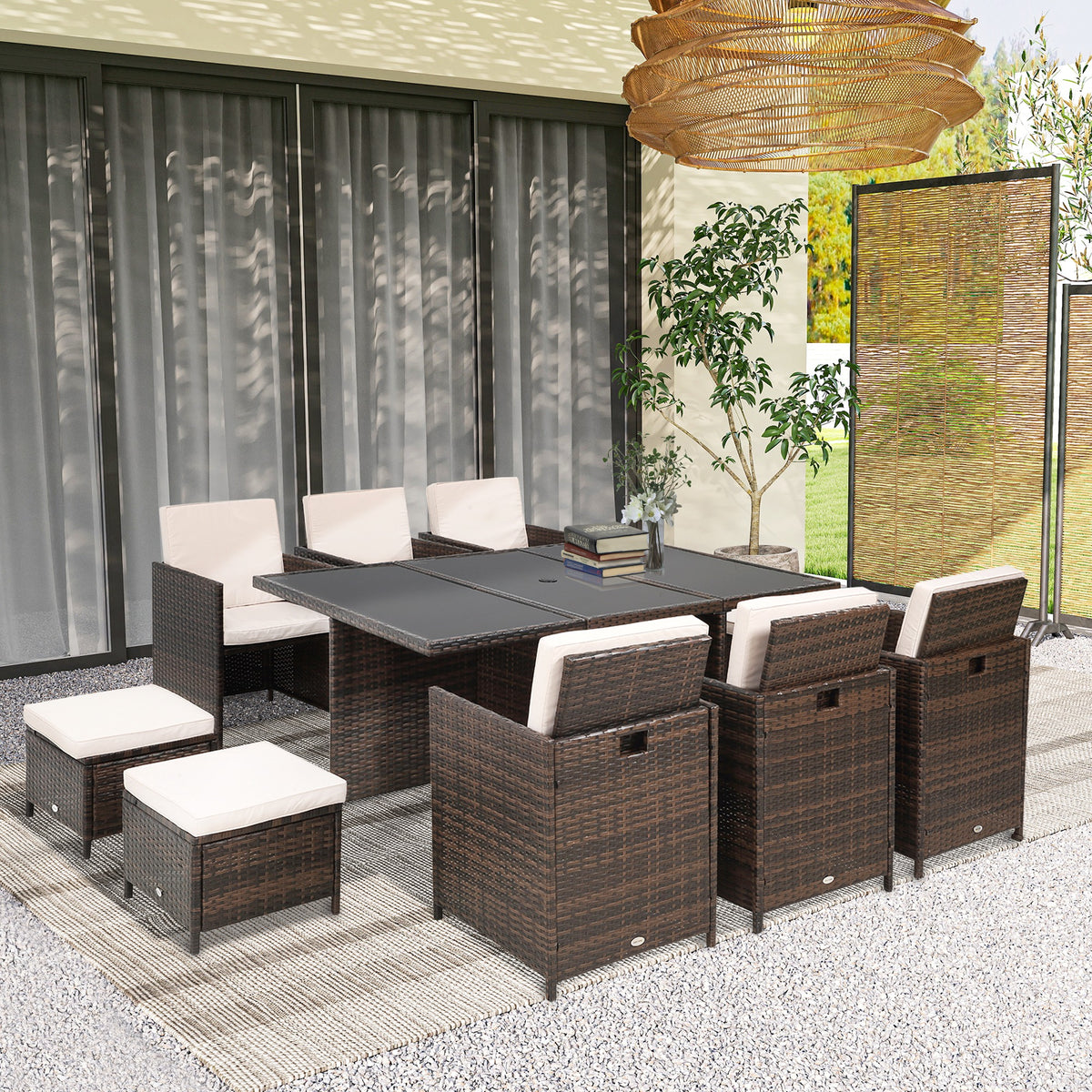 10 Seater Rattan Cube Garden Furniture Set with Parasol Hole, Rattan Dining Set with Cushions, Outdoor Dining Table and Chairs with Rectangular Glass Top Table for Patio, Mixed Brown
