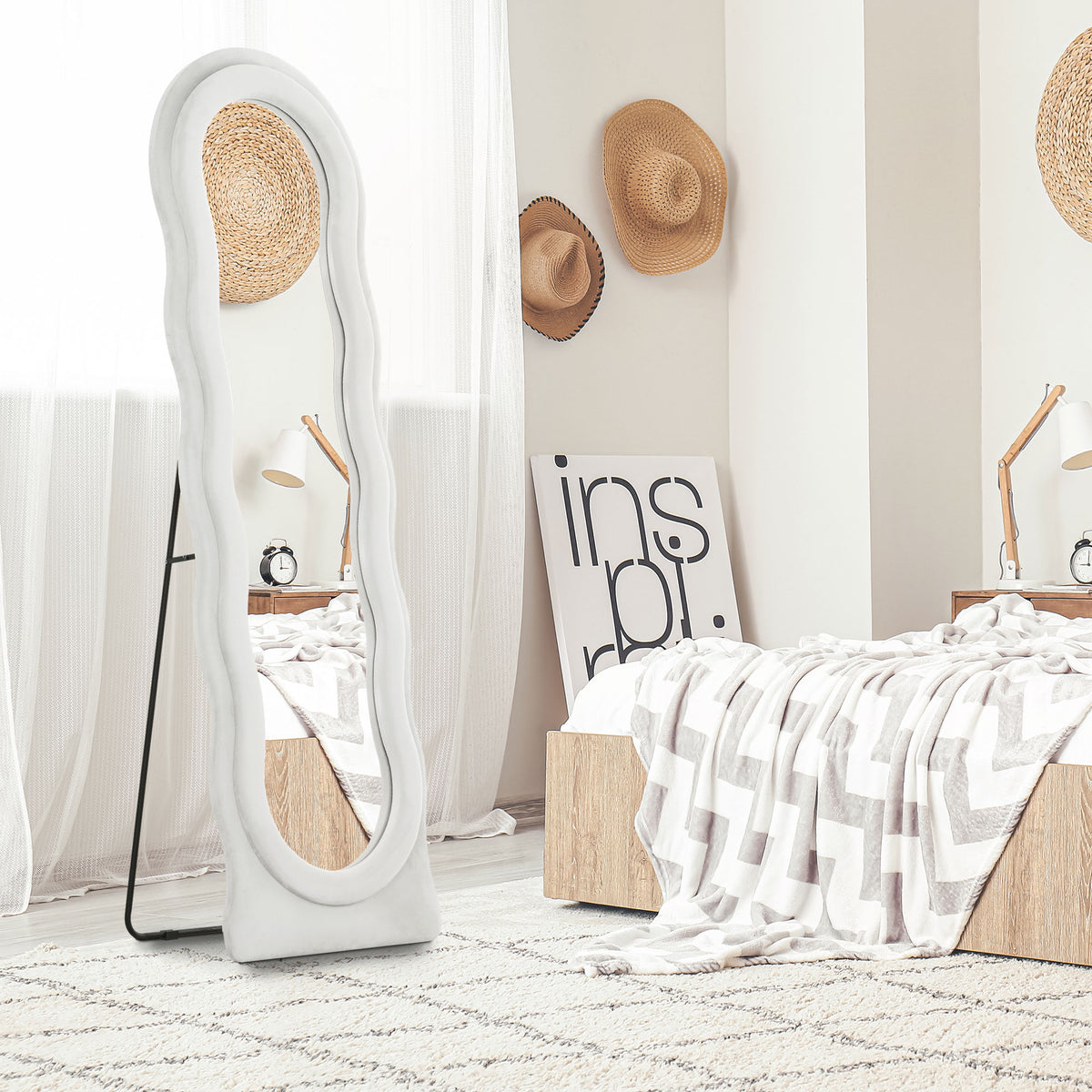 Wavy Velvet-Feel Full Length Mirror - White