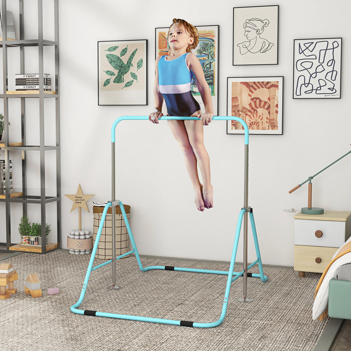 Kids Gymnastic Bar, with Adjustable Height, Foldable Horizontal Bars - Light Blue