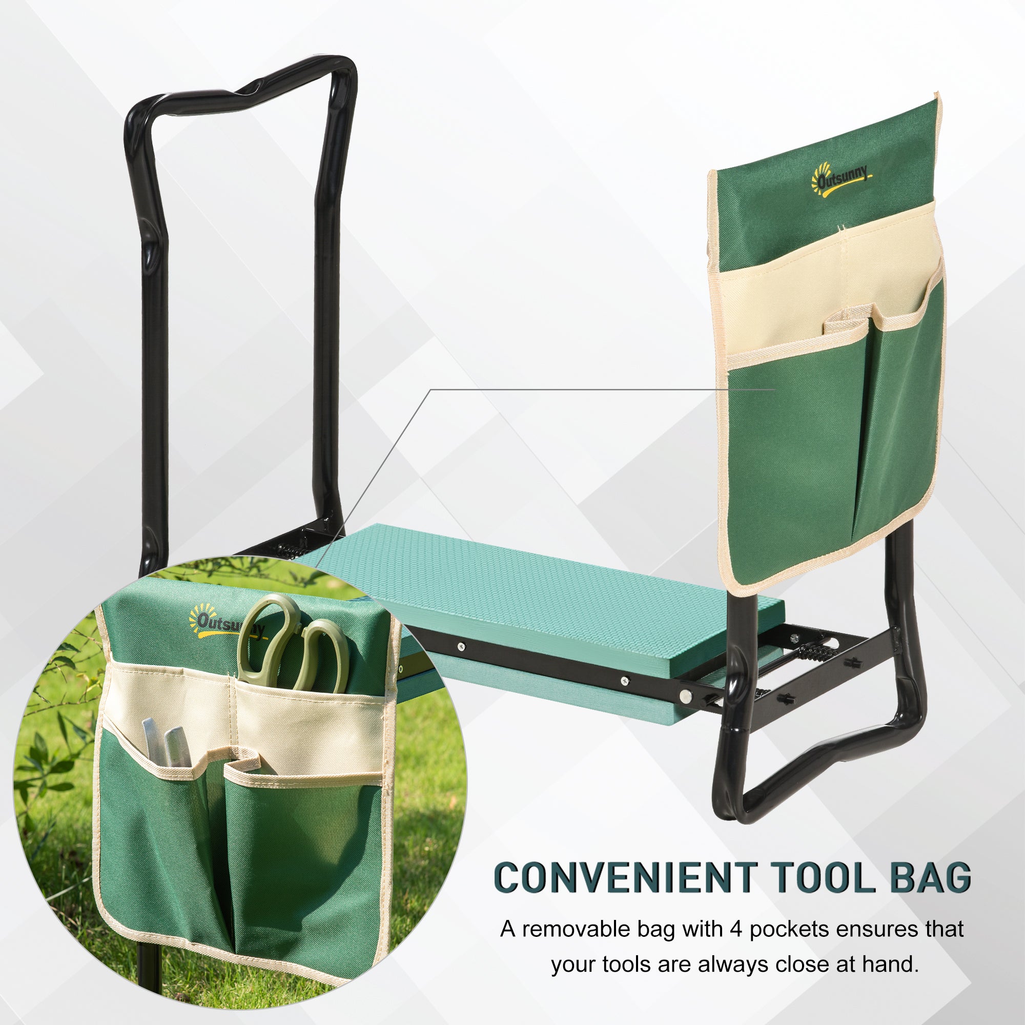 Steel Frame Padded Garden Kneeler, with Tool Bag - Green