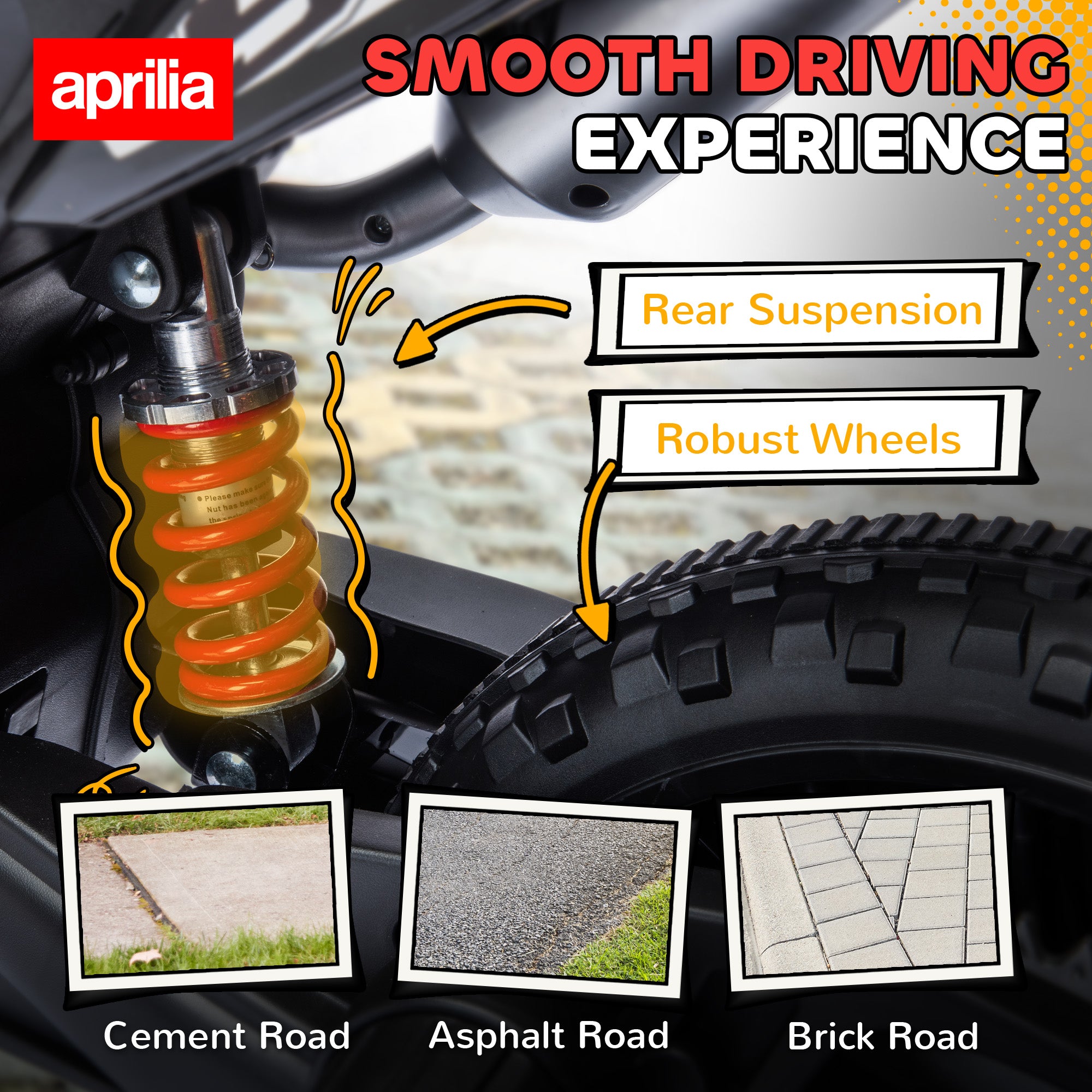 AIYAPLAY 12V Aprilia Licensed Kids Motorbike with Training Wheels, Spring Suspension, LED Headlight, USB, Music, Red/Black