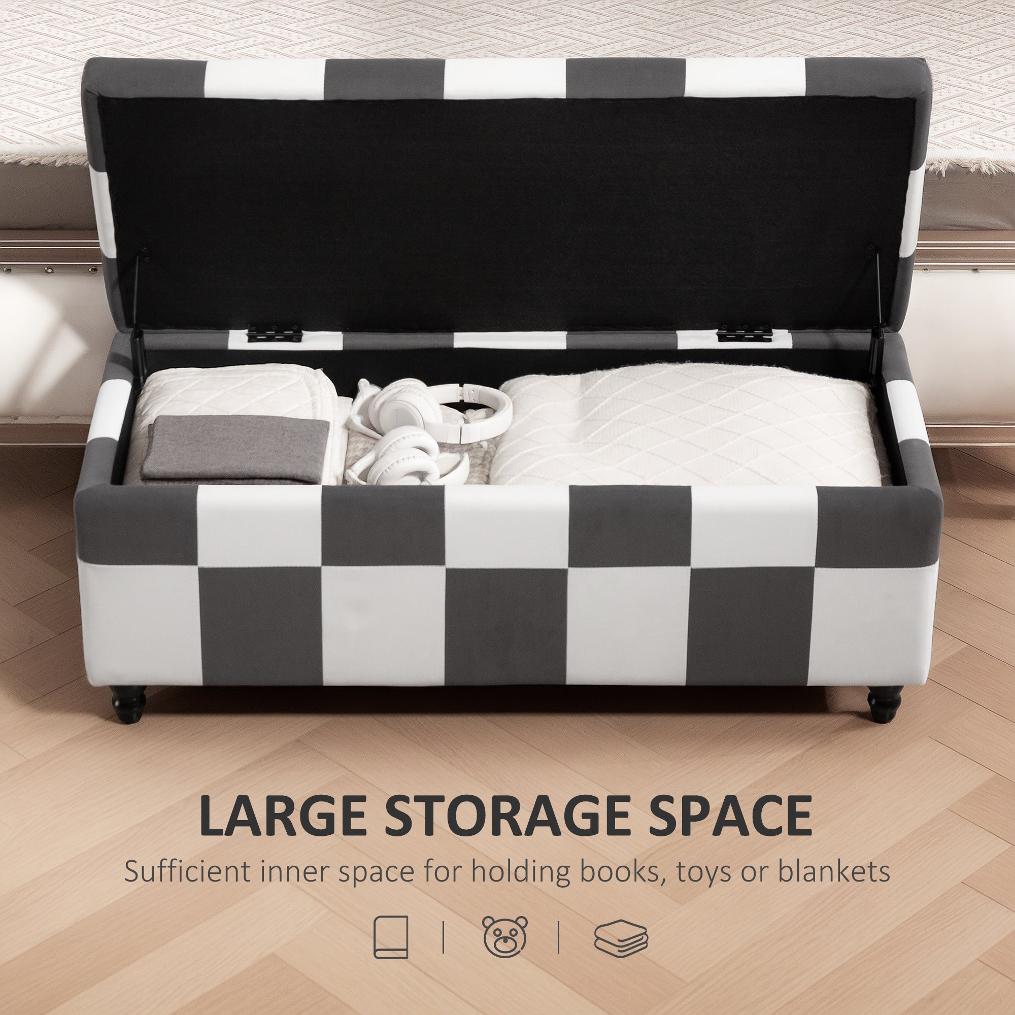 114 x 47 x 47cm Velvet Storage Ottoman, Button-tufted Footstool Box, Toy Chest with Lid for Living Room, Bedroom, Dark Grey and White