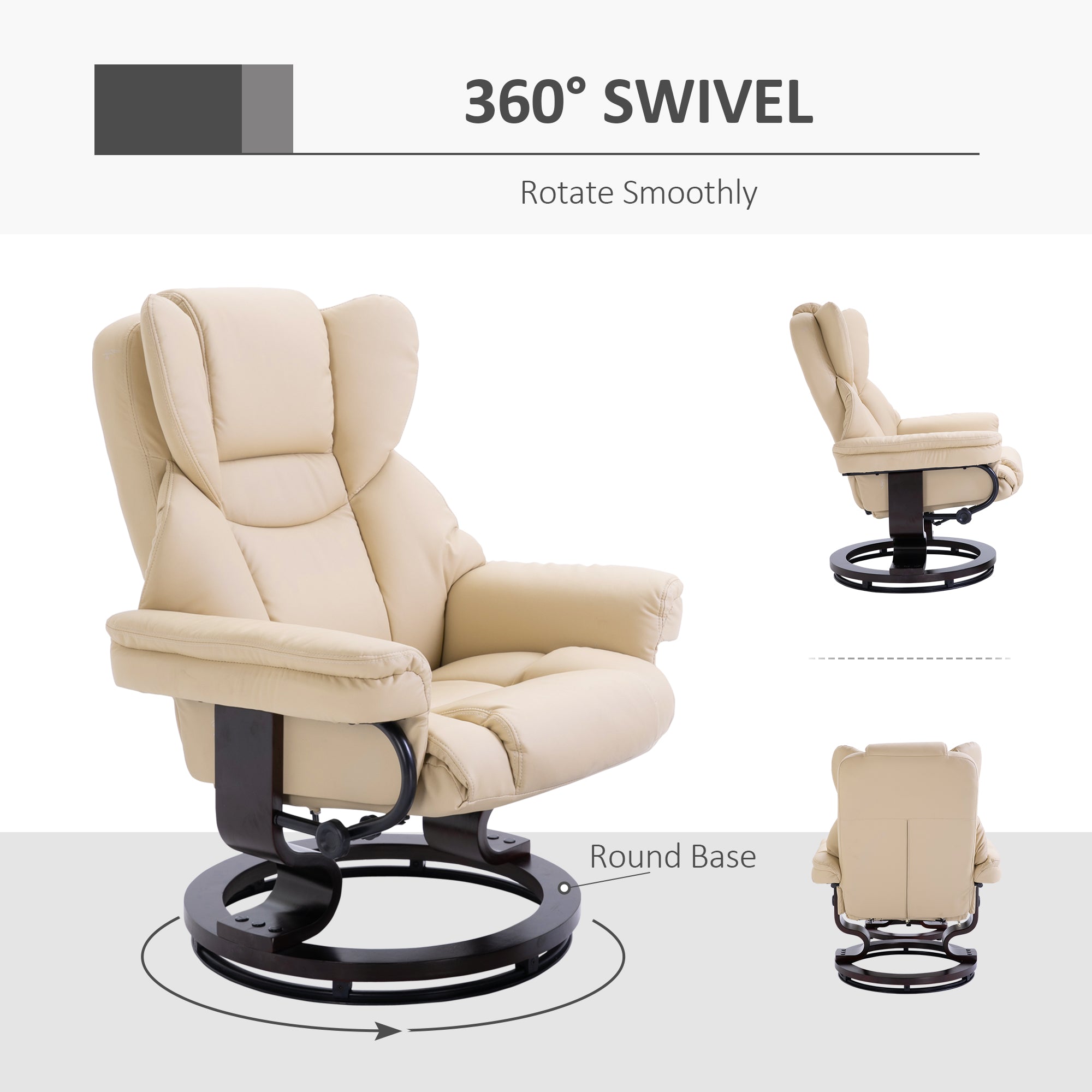 360° Swivel Recliner Chair with Footstool, PU Leather Manual Recliner Armchair with Solid Wood Base, Upholstered Reclining Chair for Living Room, Bedroom, Office, Cream