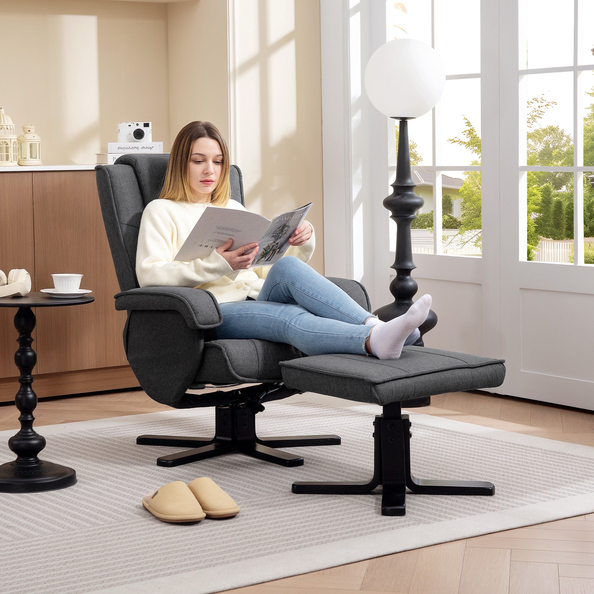 Rocker Swivel Recliner Chair with Footstool - Charcoal Grey Linen