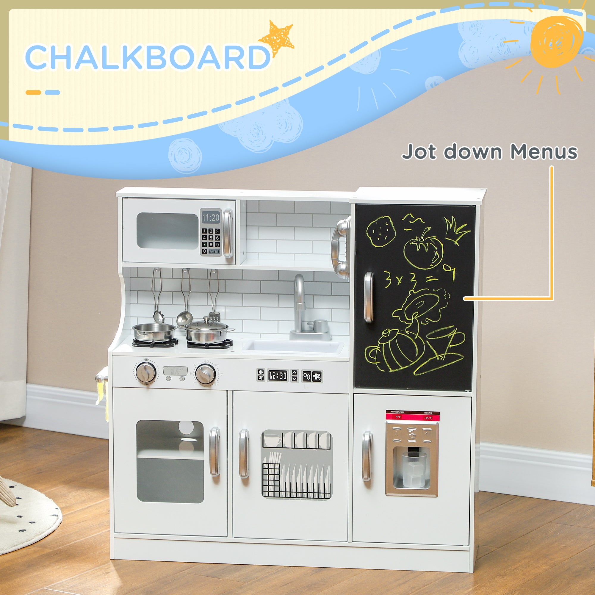 AIYAPLAY Pretend Play Kitchen, Kids Kitchen Playset, with Toy Phone, Chalkboard, Microwave, Cooking Stove, Sink, White