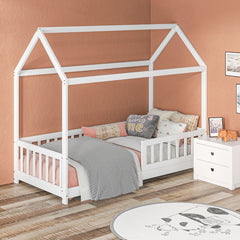 House-Shaped Kids Bed Frame with Safety Fence, Solid Pine Wood Single Bed Frame for Kids Boys and Girls