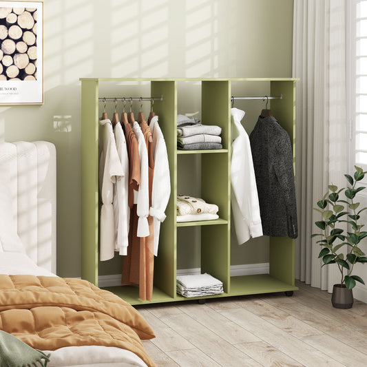 Open Wardrobe Double Mobile Storage Shelves Organizer W/6 Wheels-Green